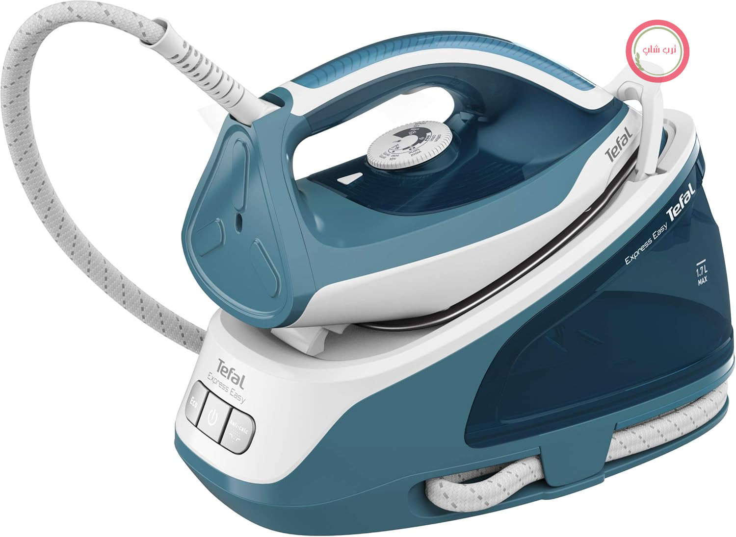 اتو بخار Tefal Express Easy برای انواع پارچه، اتوکشی سریع با بخار بالا، سیستم ضد رسوب با جمع کننده رسوب قابل جدا شدن، بخاردهی عمودی و خاموش شدن خودکار، فیروزه‌ای/سفید