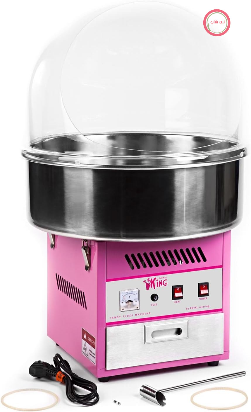 دستگاه پشمک ساز Royal Catering RCZK-1200E با درب و محافظ تف (قطر ۵۲ سانتی‌متر، ۱۲۰۰ وات، ۱ واحد / ۶۰ ثانیه، شامل لوازم جانبی) صورتی