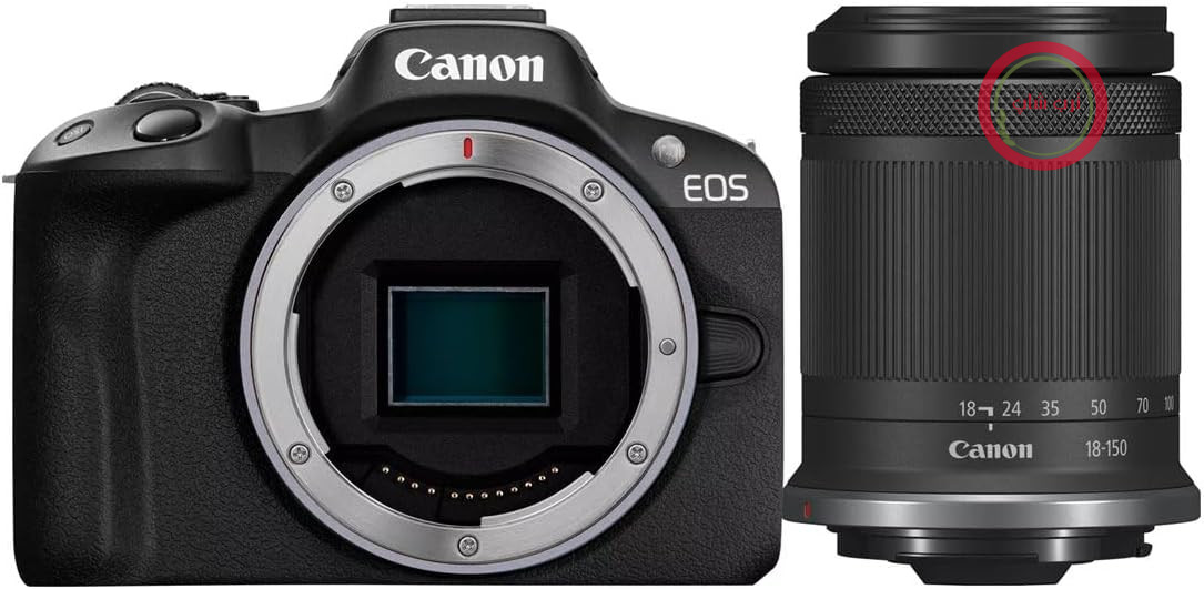 دوربین عکاسی و فیلم‌برداری کانن ژاپن بدون آینه EOS R50 + لنز RF-S 18-150mm IS STM - دوربین دیجیتال با فوکوس خودکار + تشخیص سوژه برای چشم، حیوانات، وسایل نقلیه، دوربین فیلمبرداری 4K، 15 فریم در ثانیه) مشکی