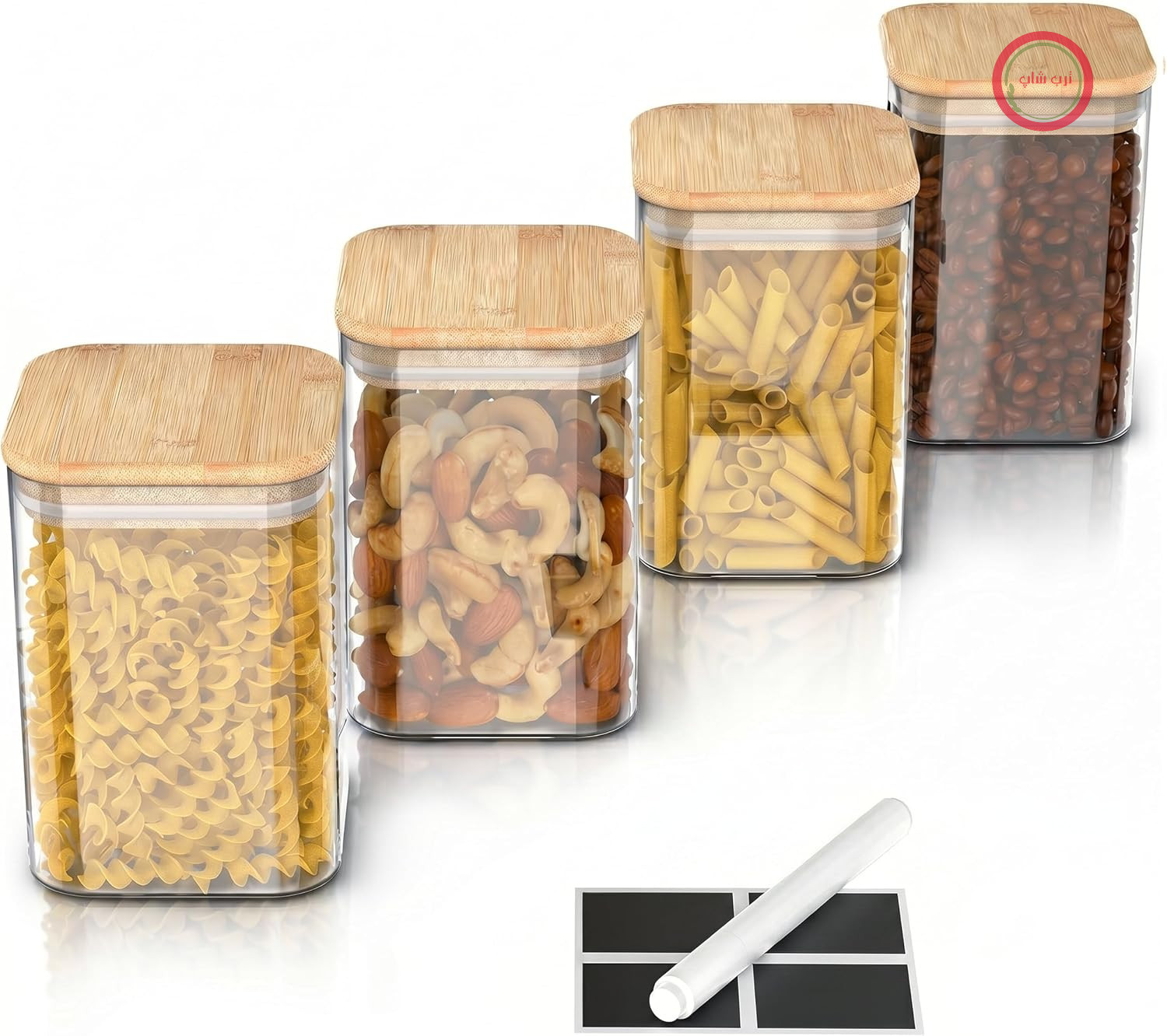ظروف نگهداری حبوبات آرندو آلمان با درب - مجموعه 4 تایی - ظروف شیشه‌ای - مقاوم در برابر حرارت - شیشه‌های نگهداری با درب بامبو - بدون درز - برای موسلی، شکر، آرد، قهوه، برنج