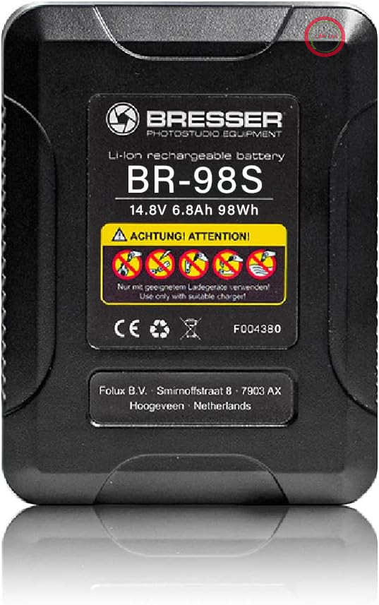 باتری Bresser V-Mount کامپکت ۹۸ وات ساعتی با D-Tap و USB، ۶.۸ آمپر ساعت، نشانگر LED، برای دوربین، چراغ قوه و گوشی هوشمند