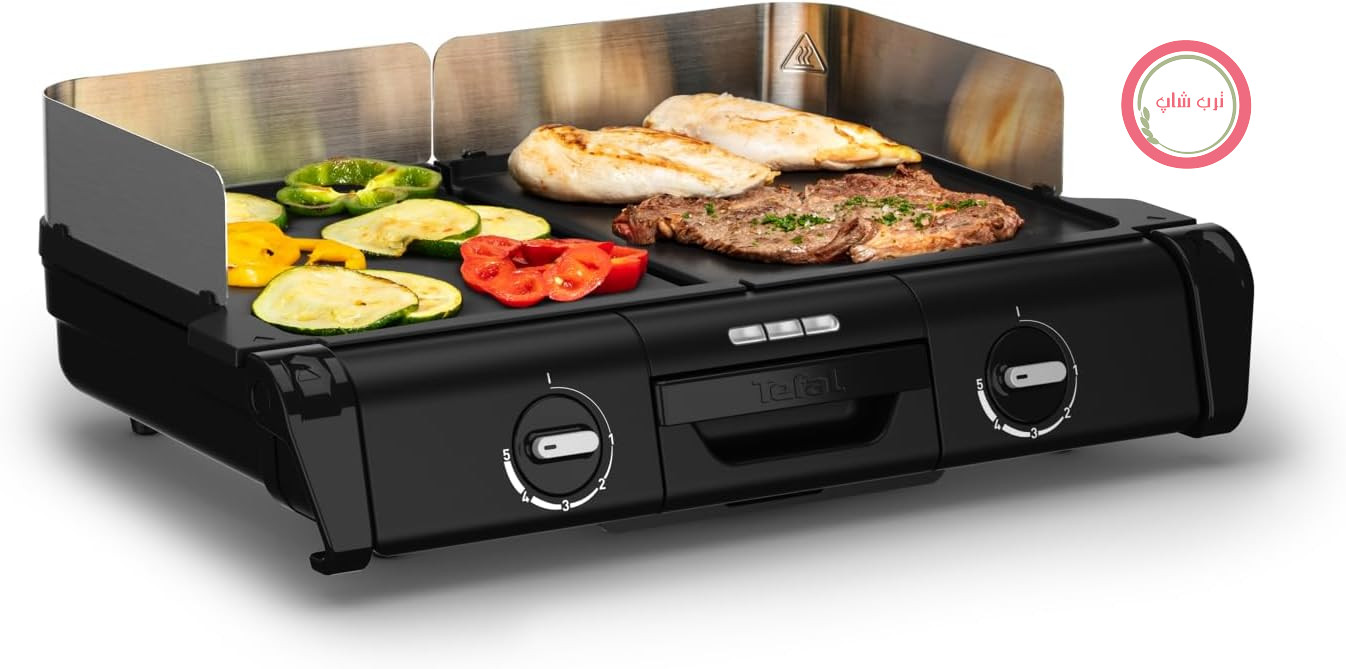 گریل برقی رومیزی تفال مدل BBQ Family، دارای ۲ سطح جداگانه برای کباب کردن، دارای ۲ ترموستات، صفحات گریل آلومینیومی نچسب ریخته‌گری شده، قابل شستشو در ماشین ظرفشویی، شیارهای بسیار عمیق، مشکی/نقره‌ای، TG800N10