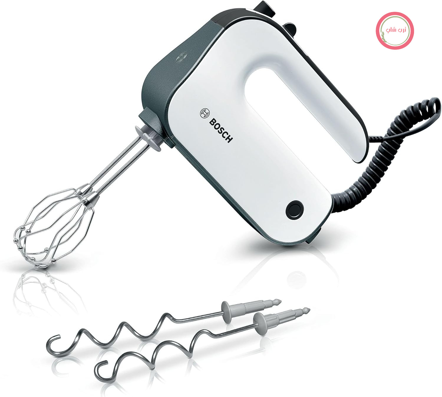 همزن دستی بوش مدل Styline MFQ49300، 5 سرعته، 2 همزن و قلاب خمیرزن از جنس استیل ضد زنگ، کابل مارپیچی، 850 وات، سفید/نقره‌ای تیره