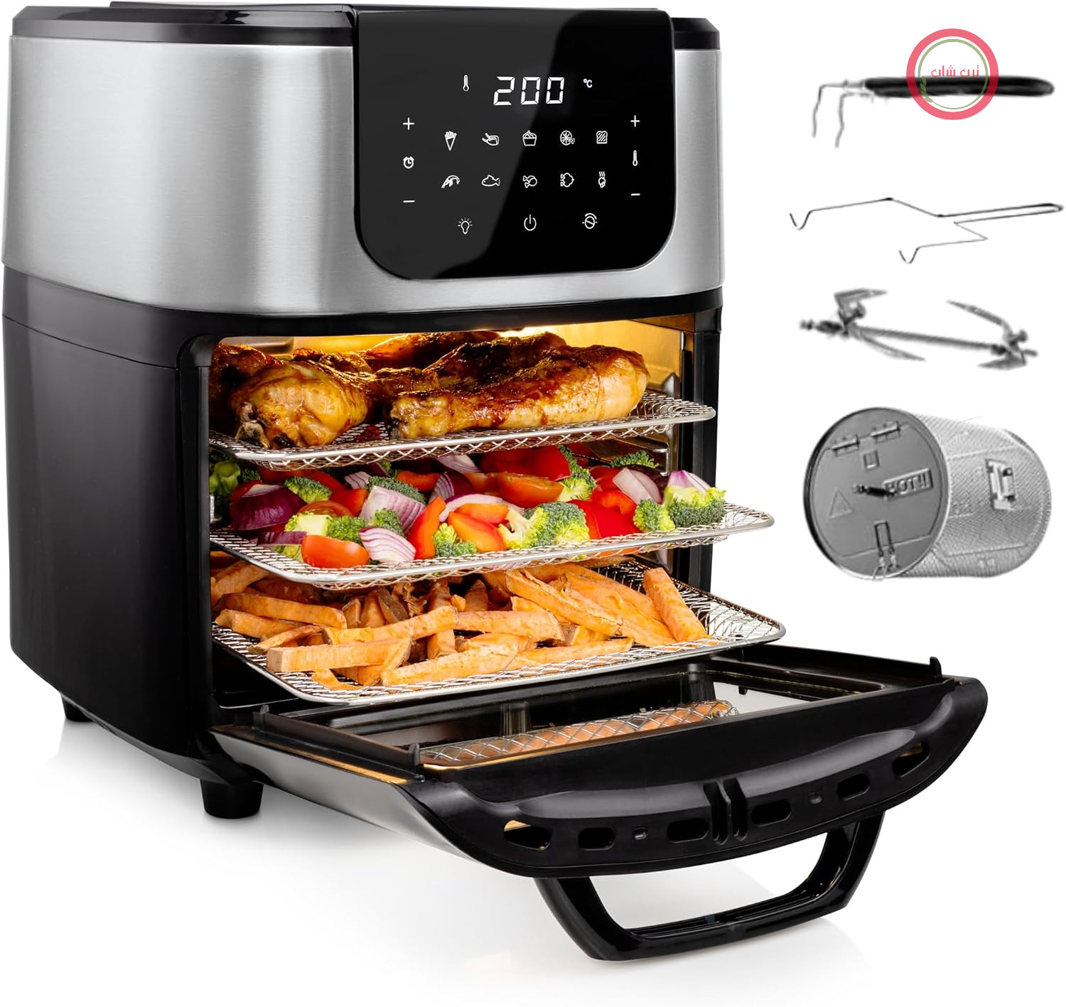 فر سرخ‌کن پرینسس هلند Princess مدل Aerofryer DeLuxe - ظرفیت ۱۱ لیتر؛ ۱۸۰۰ وات؛ ۶۵-۲۰۰ درجه سانتیگراد؛ ۱۰ برنامه؛ شامل سبد چرخان، سیخ جوجه گردان، ۳ سینی پخت، سینی خرده نان، دسته، ۱۸۲۰۷۵، مشکی/نقره‌ای