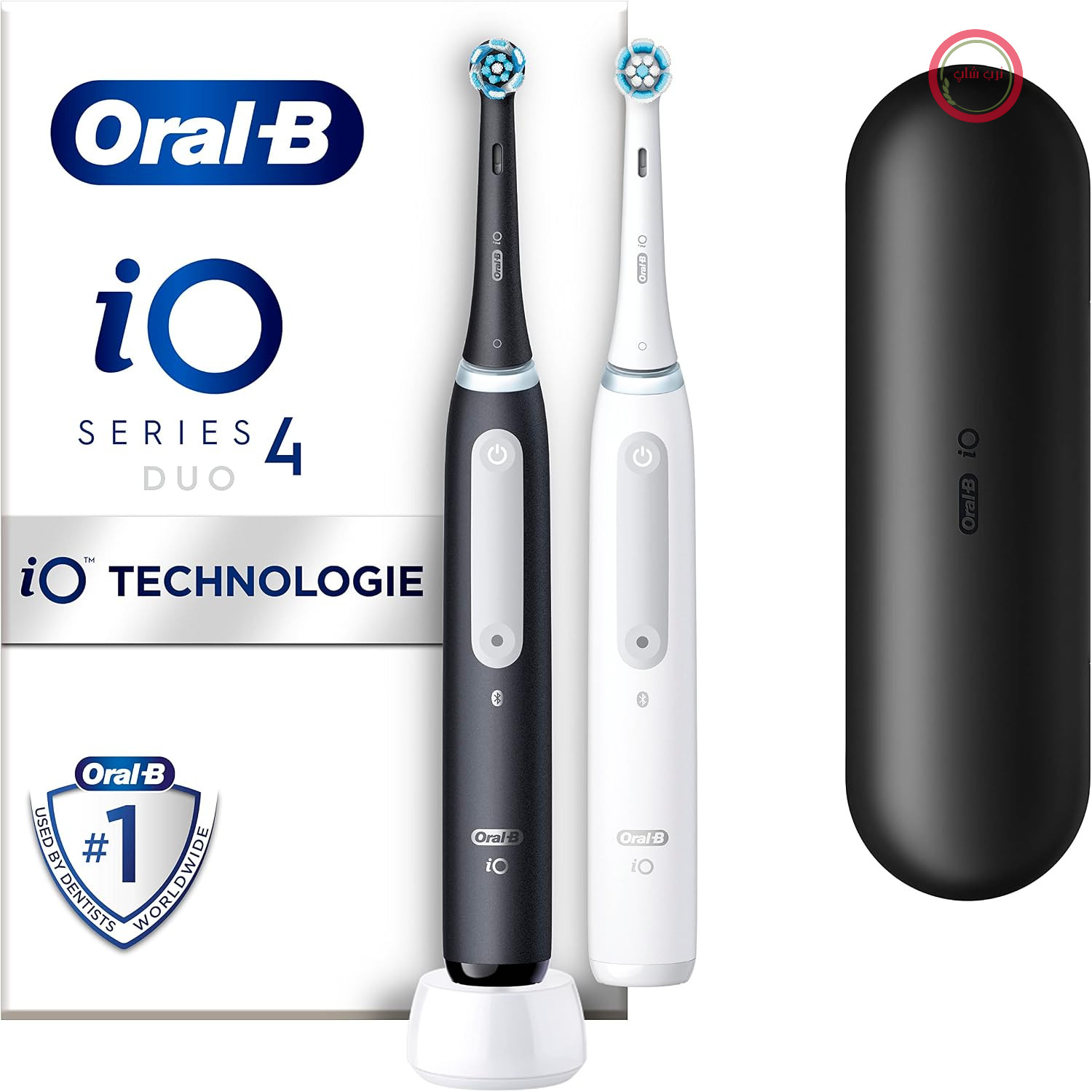 مسواک برقی اورال بی Oral-B iO سری 4 - بسته دوتایی - مسواک برقی، شامل 2 سر برس، فناوری مغناطیسی، کیف مسافرتی - 4 حالت تمیز کردن برای مراقبت از دهان و دندان، طراحی شده توسط براون، مشکی/سفید