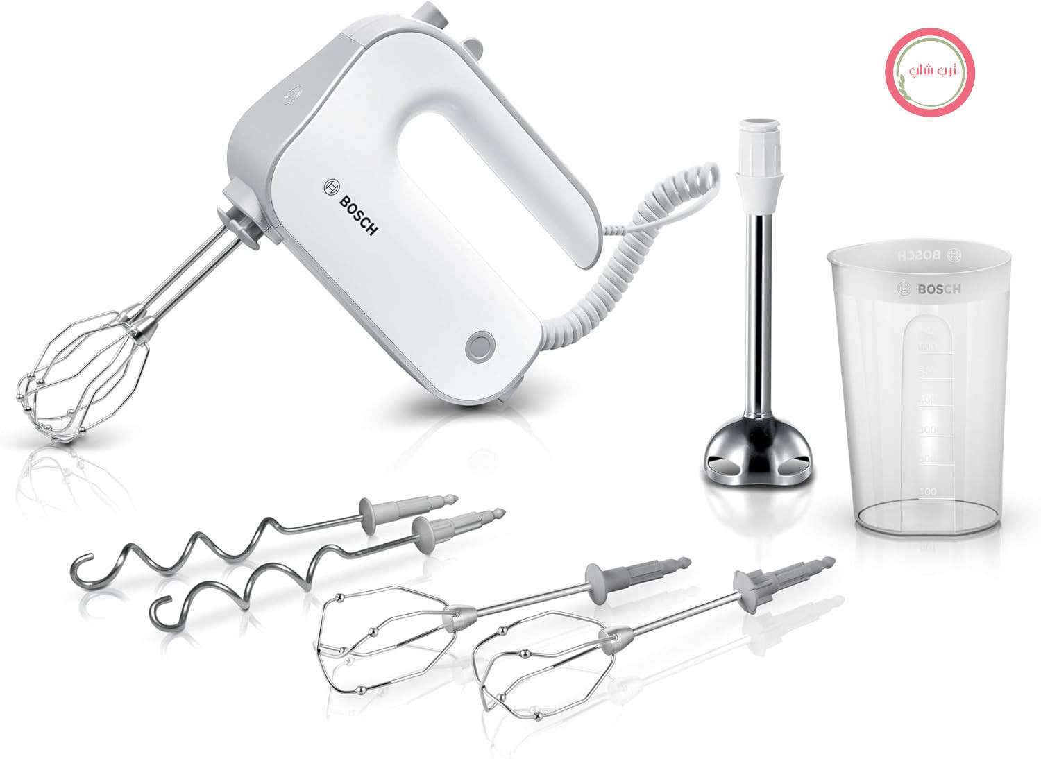 همزن دستی بوش مدل Styline MFQ4075DE، دارای ۲ همزن، ۲ قلاب خمیر از جنس استیل ضد زنگ، قابل شستشو در ماشین ظرفشویی، مخلوط کن غوطه‌وری، لیوان مخلوط کن، ۵ سرعته به علاوه عملکرد توربو، ۵۵۰ وات، سفید/نقره‌ای