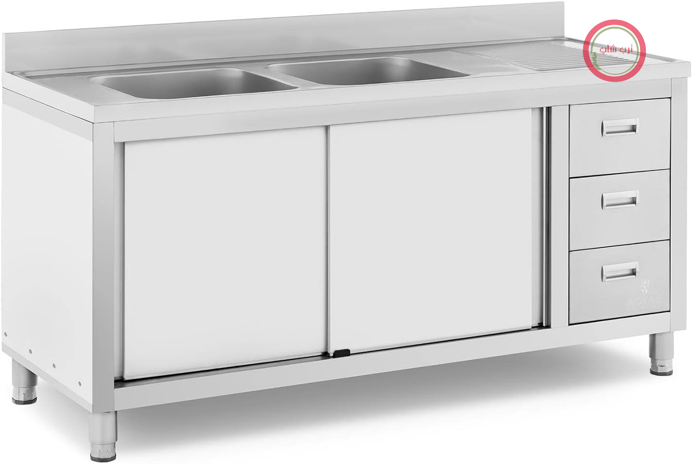 کابینت روشویی صنعتی رویال کترینگ آلمان Royal Catering RC-IKS04، دو لگنه، استیل ضد زنگ، ابعاد 400 در 400 در 300 میلی‌متر، کابینت پایه روشویی