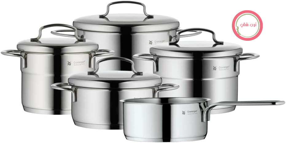 سرویس قابلمه القایی ۵ تکه WMF Mini Advantage، کوچک، با درب فلزی، استیل ضد زنگ Cromargan، قابل چیدن روی هم، ایده‌آل برای وعده‌های غذایی کوچک