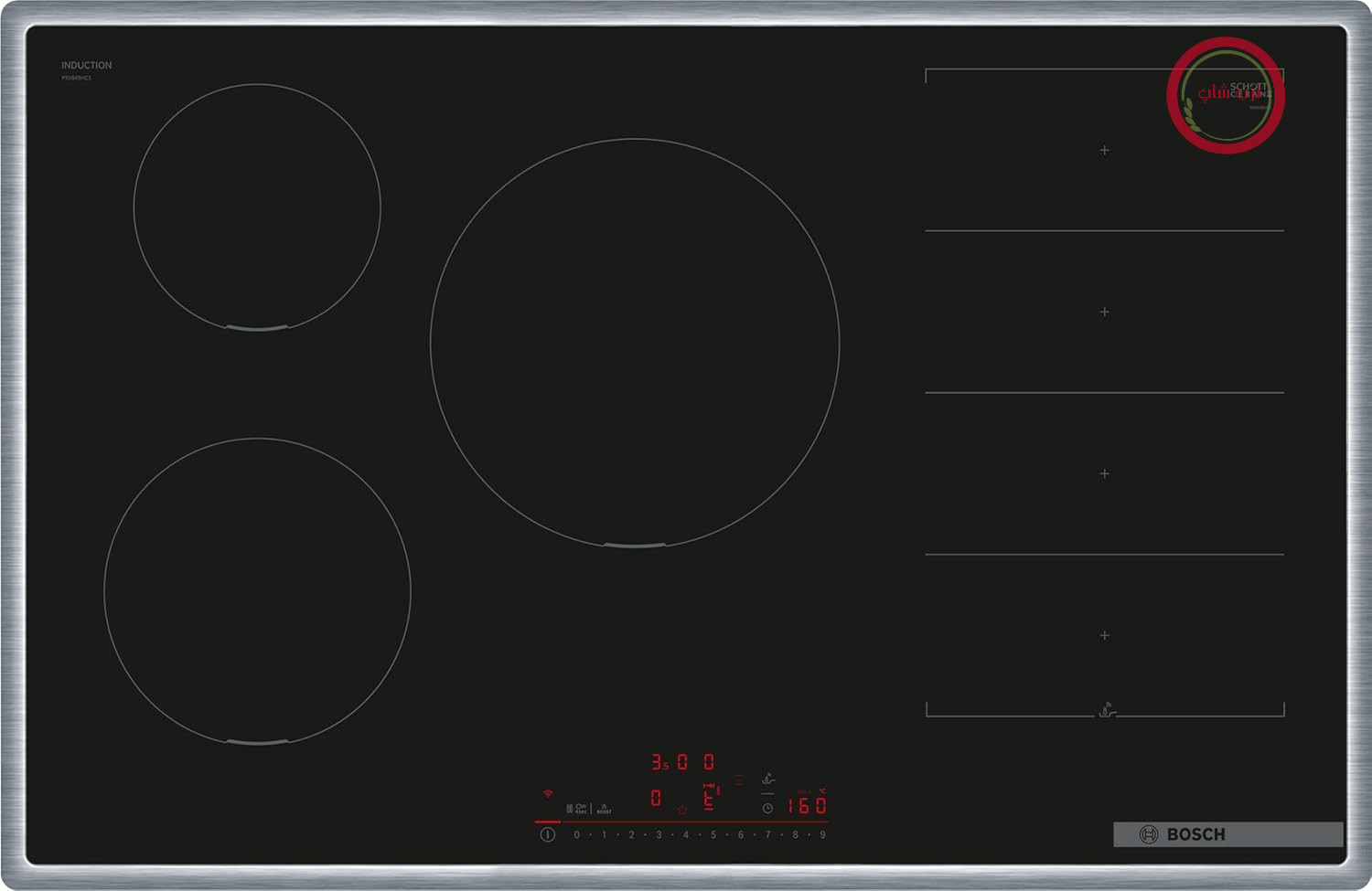 اجاق القایی هوشمند بوش سری 6 مدل PXV845HC1E (خودکفا)، عرض 80 سانتی‌متر، قرارگیری انعطاف‌پذیر، ناحیه پخت القایی 28 سانتی‌متر، قاب اطراف، کنترل هود روی اجاق گاز