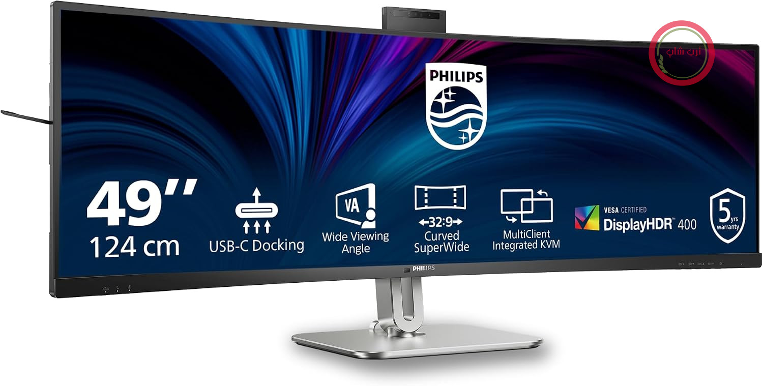 مانیتور منحنی ۴۹ اینچی فیلیپس مدل ۴۹B2U5900CH با کیفیت QHD، نرخ نوسازی ۷۵ هرتز، زمان پاسخ‌دهی ۴ میلی‌ثانیه، HDR400، قابلیت KVM، وب‌کم، قابلیت تنظیم ارتفاع، داک USB-C، بلندگوها (۵۱۲۰ در ۱۴۴۰، HDMI 2.0 / DP 1.4 / USB-C 1)