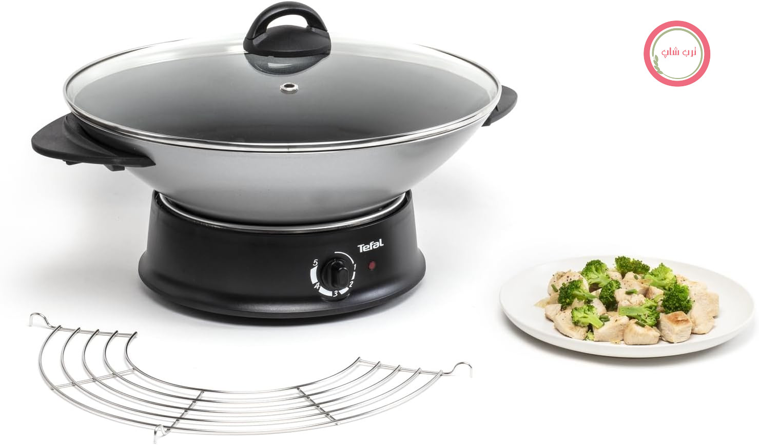 تابه ووک برقی تفال مدل Multi-Wok، تابه برقی با قابلیت تنظیم دما، درب شیشه‌ای، 5 لیتر، روکش نچسب، ساخت فرانسه، WO3000