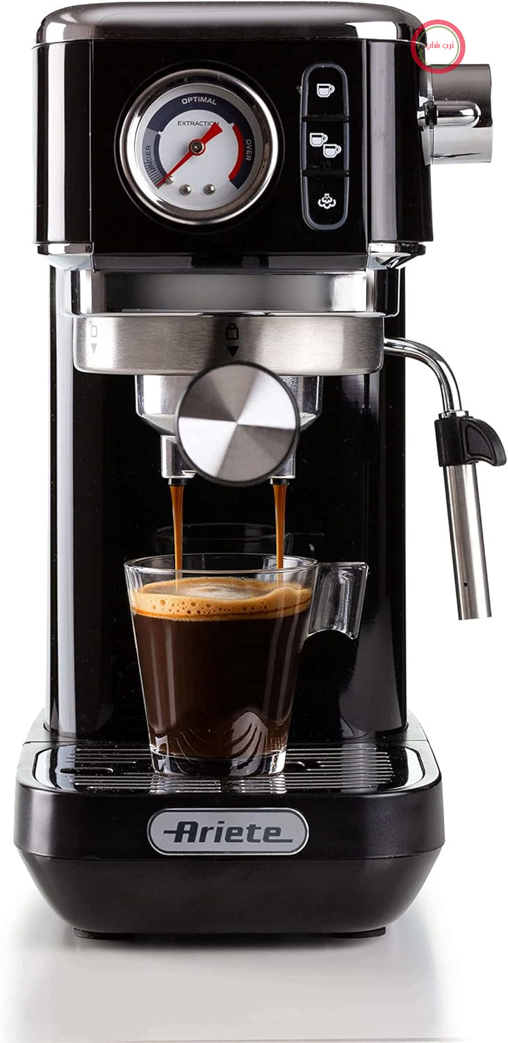 دستگاه قهوه ساز Ariete Espresso Slim Metal 1381 با مانومتر، سازگار با قهوه آسیاب شده و کپسول‌های ESE، حداکثر ۱۵ بار، فیلتر ۱ یا ۲ فنجان، نازل کاپوچینو، ۱۳۰۰ وات، مشکی