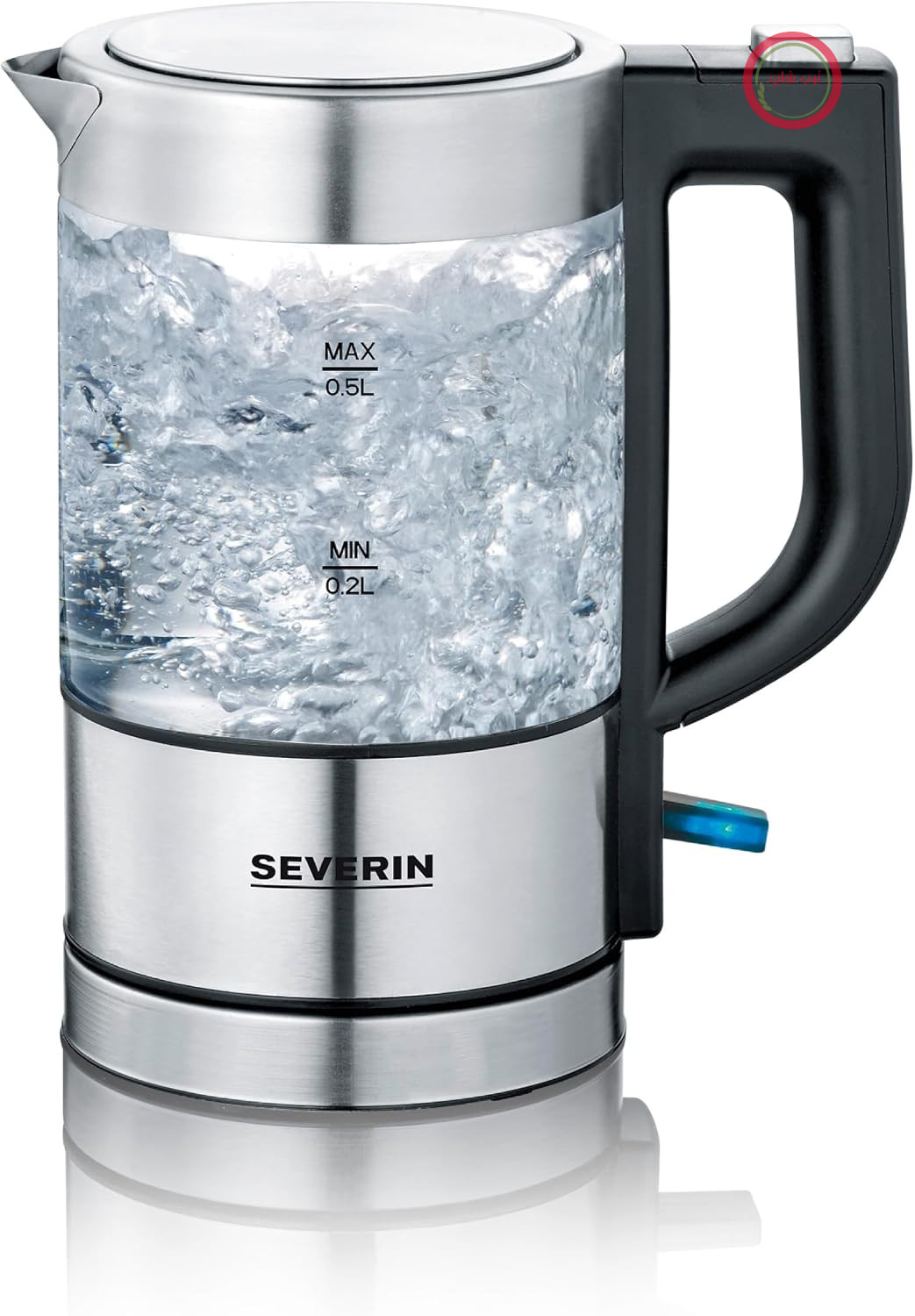 کتری برقی سورین آلمان شیشه‌ای کوچک SEVERIN 0.5 لیتری، قدرتمند و جمع و جور با طراحی با کیفیت بالا، کتری برقی با فیلتر رسوب آهک، استیل ضد زنگ/مشکی، WK 3472