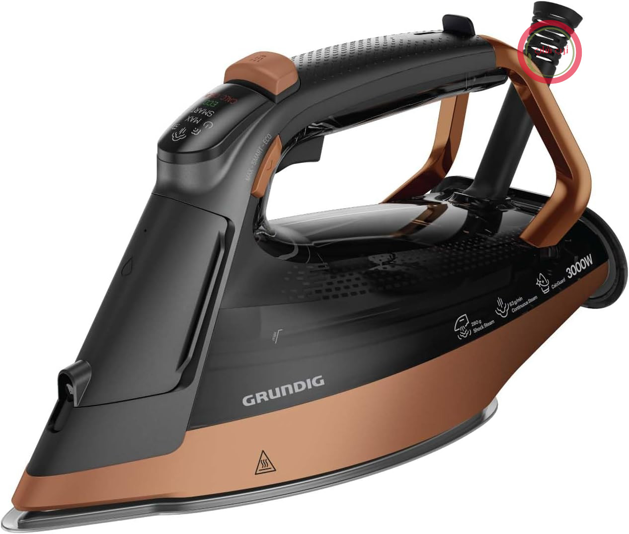 اتو بخار GRUNDIG SI 8050، 3000 وات، حسگر حرکتی SteamSense، افزایش بخار 280 گرم در دقیقه، روکش سرامیکی، رسوب‌زدایی خودکار، ضد چکه؛ مشکی/قهوه‌ای