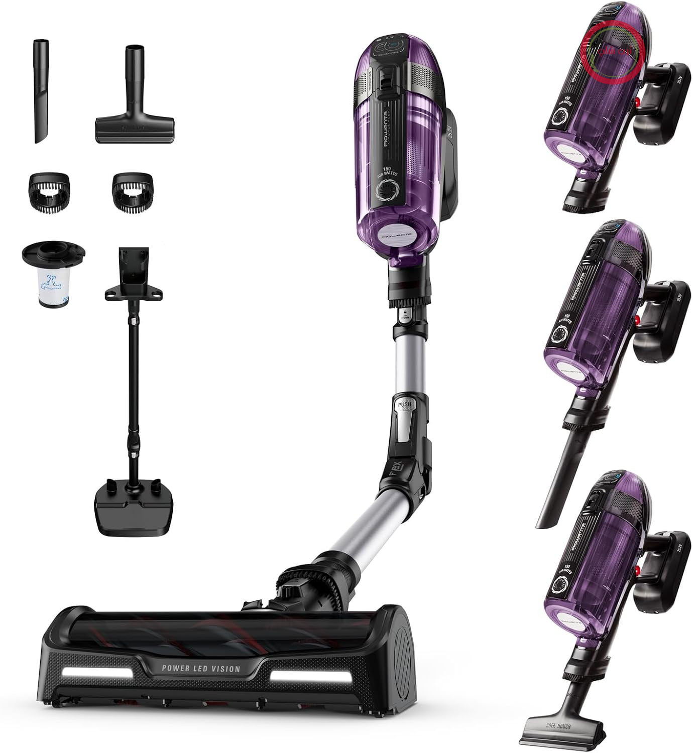 جارو شارژی روونتا آلمان بی‌سیم Rowenta X-Force Flex 12.60، 150 وات هوا، تا 45 دقیقه کارکرد، قدرتمند، مفصل انعطاف‌پذیر، نازل LED، شامل لوازم جانبی، بنفش/مشکی، RH98A0