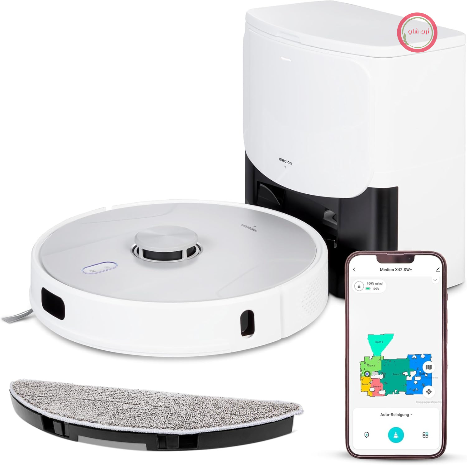 جاروبرقی ربات MEDION با ایستگاه تخلیه خودکار و عملکرد تی X42 SW+ (ناوبری لیزری، قدرت مکش قوی ۸۰۰۰ پاسکال، جاروبرقی ربات ۲ در ۱، نقشه برداری دقیق، مناطق مجاز و غیرمجاز، چندین طبقه) سفید