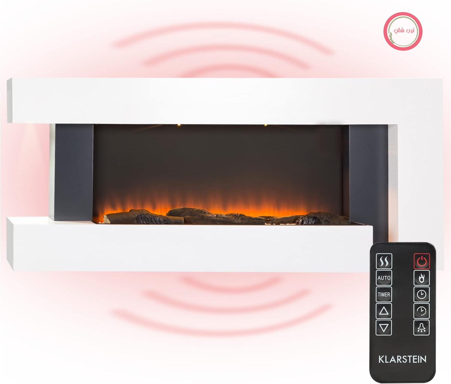 Klarstein Studio Light & Fire 2 - شومینه برقی با توهم شعله LED، شومینه برقی با عملکرد تایمر و ترموستات، 1000/2000 وات، بدنه MDF، شامل کنترل از راه دور، نور محیطی، سفید