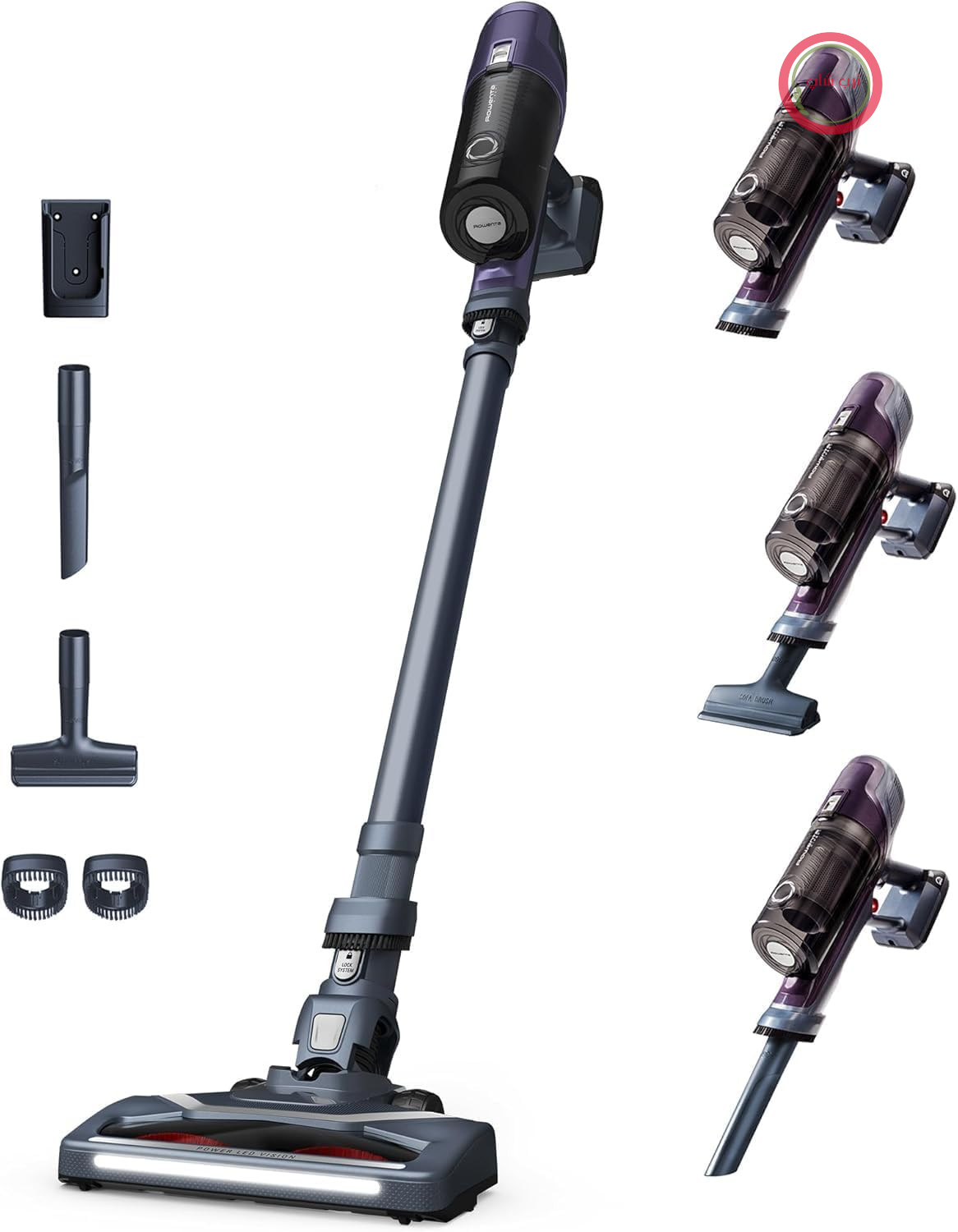 جارو شارژی روونتا آلمان بی‌سیم Rowenta X-Pert 6.60 Essential، قدرت ۱۰۰ وات، زمان کارکرد ۴۵ دقیقه، بدون کیسه، سری برس‌دار LED، باتری قابل جدا شدن، شامل ابزار شکاف و پایه دیواری، بنفش/مشکی، RH6838