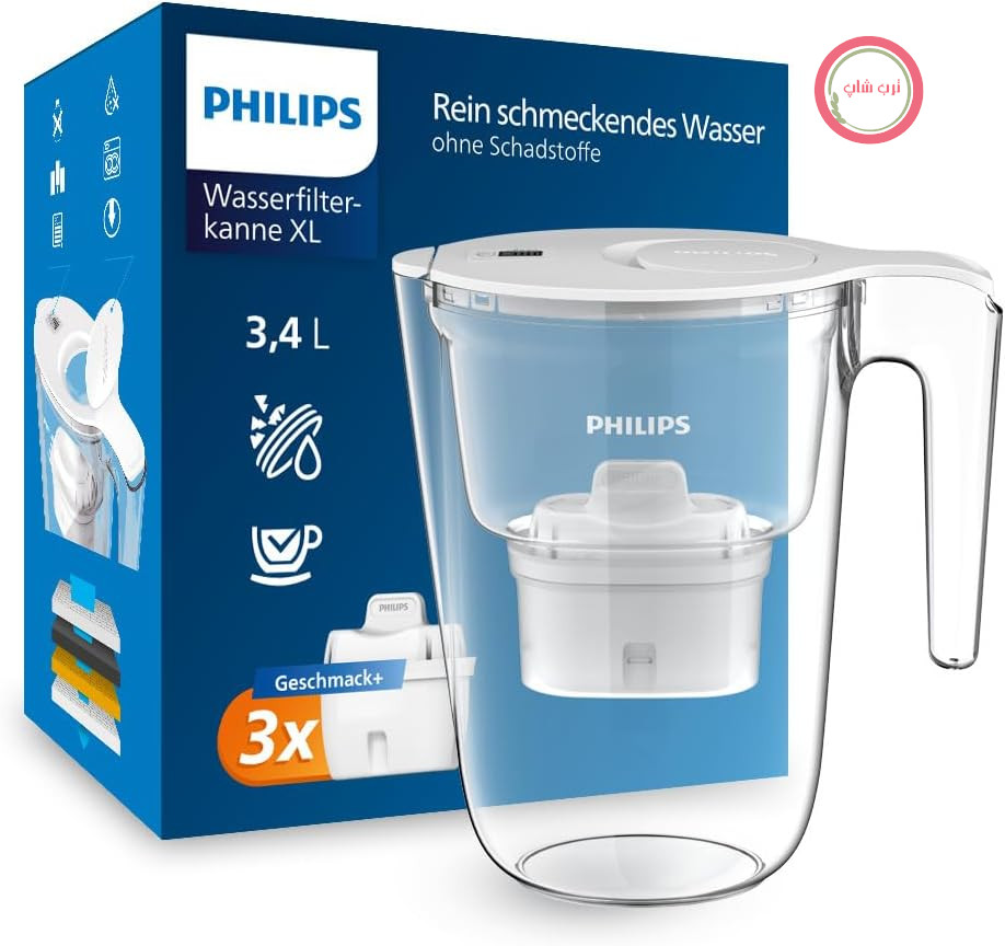 پارچ فیلتر آب فیلیپس XL +3 طعم دهنده + کارتریج فیلتر جایگزین، جریان آب سریع، سفید، 3.4 لیتر، تایمر الکترونیکی