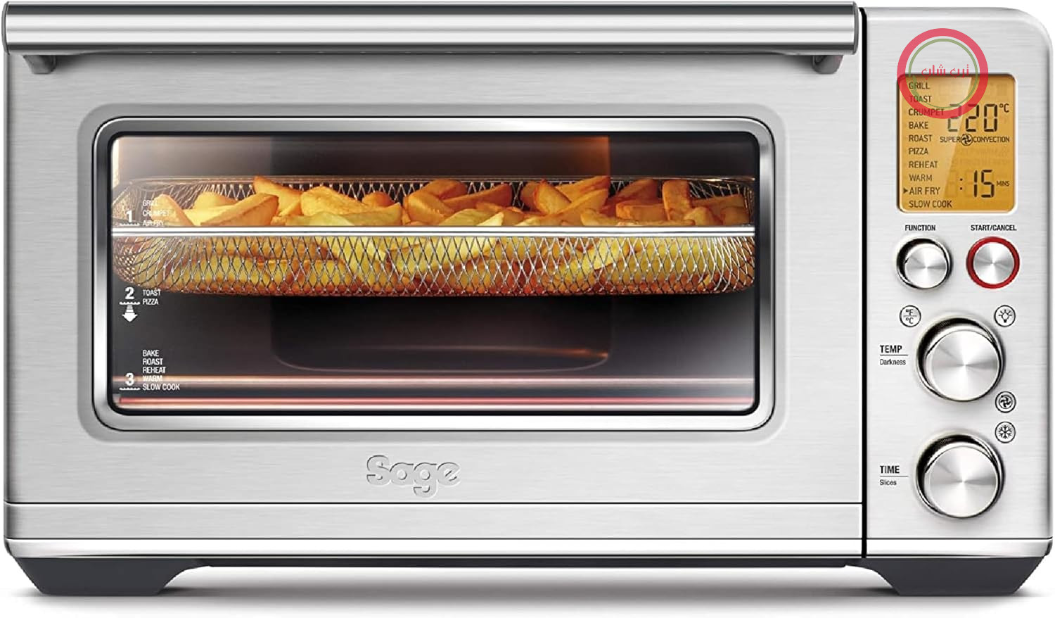 سرخ‌کن بدون روغن Sage مدل Smart Oven، استیل ضد زنگ برس خورده | فر ۲۲ لیتری با سرخ‌کن هوای گرم، ۱۰ برنامه از پیش تنظیم شده، تا ۲۳۰ درجه سانتیگراد، توستر ۶ تکه‌ای، قطر پیتزا ۳۰ سانتی‌متر، مرغ کامل