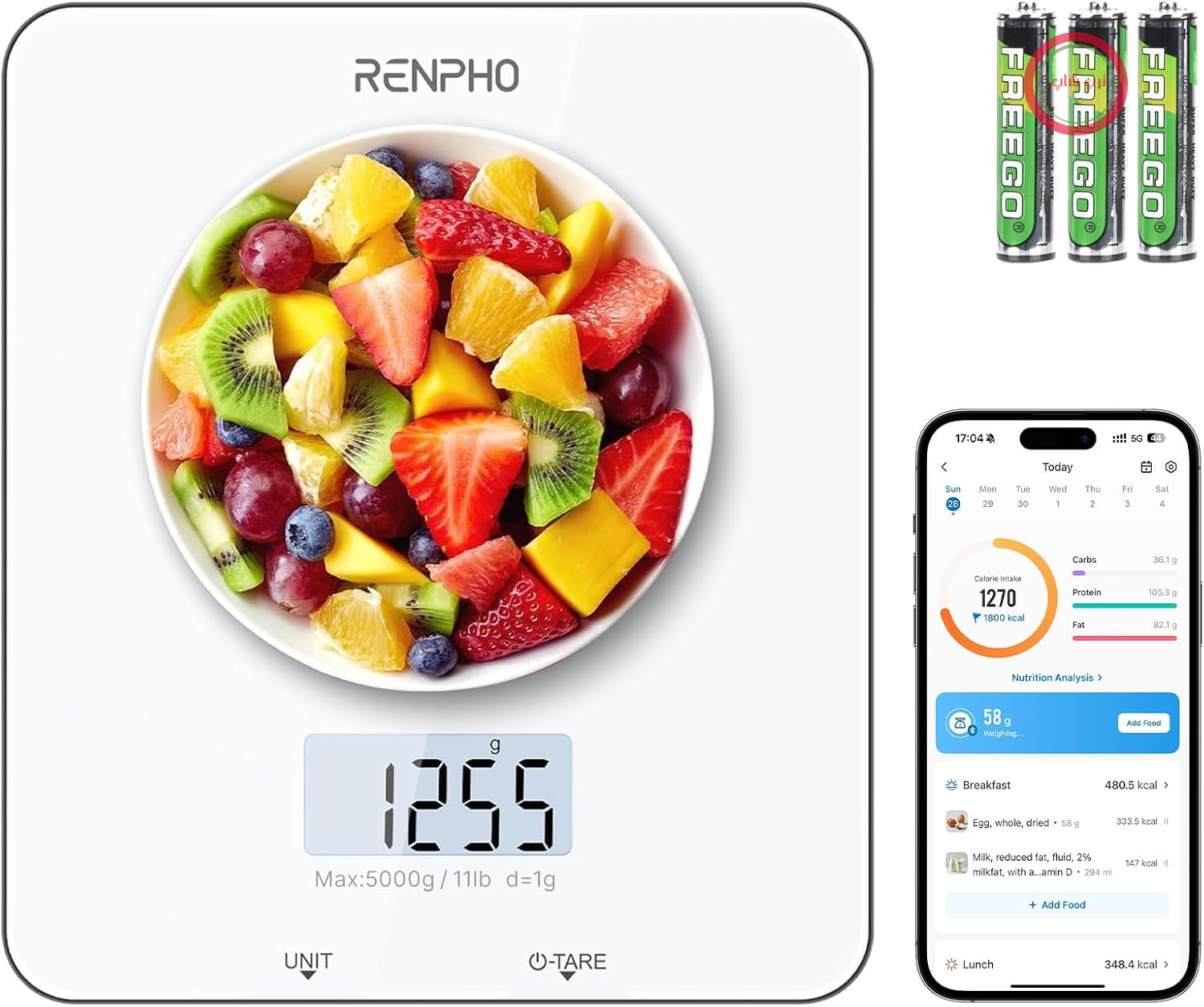 ترازوی آشپزخانه دیجیتال رنفو آمریکا RENPHO، ترازوی آشپزخانه با نمایشگر LCD، ترازوی خانگی حرفه‌ای با قابلیت وزن کشی، ترازوی مواد غذایی برای پخت و پز، دقت اندازه‌گیری 1 گرم/0.05 اونس، حداکثر وزن 5 کیلوگرم