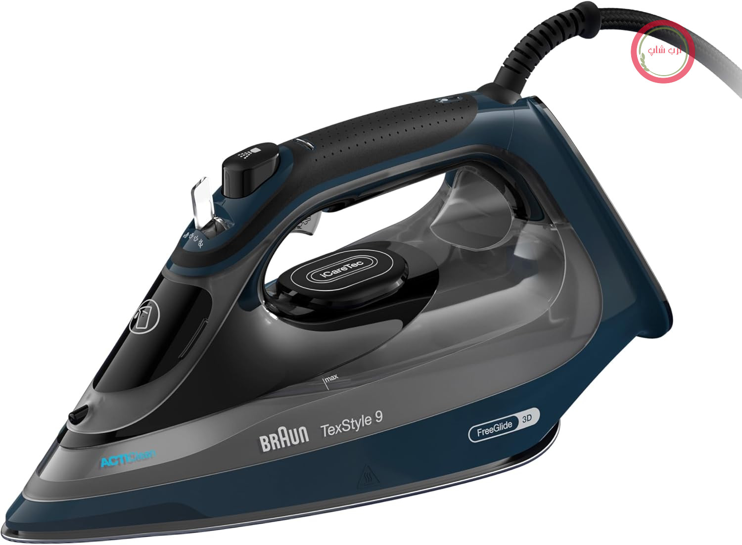 اتو بخار براون مدل TexStyle 9 SI9682 DB با فناوری FreeGlide 3D، بخار عمودی، عملکرد ضد چکه، عملکرد تمیز کردن خودکار، دهانه پرکن ۳۳۰ میلی‌لیتری، ۲۶۰ گرم در دقیقه، ۳۲۰۰ وات، آبی تیره