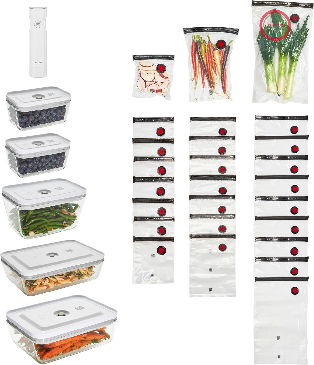 ست کامل وکیوم ZWILLING Fresh & Save - دستگاه وکیوم - کیسه‌های وکیوم - آماده‌سازی غذا - ظروف نگهداری مواد غذایی با درب محکم - شیشه‌ای - 32 تکه