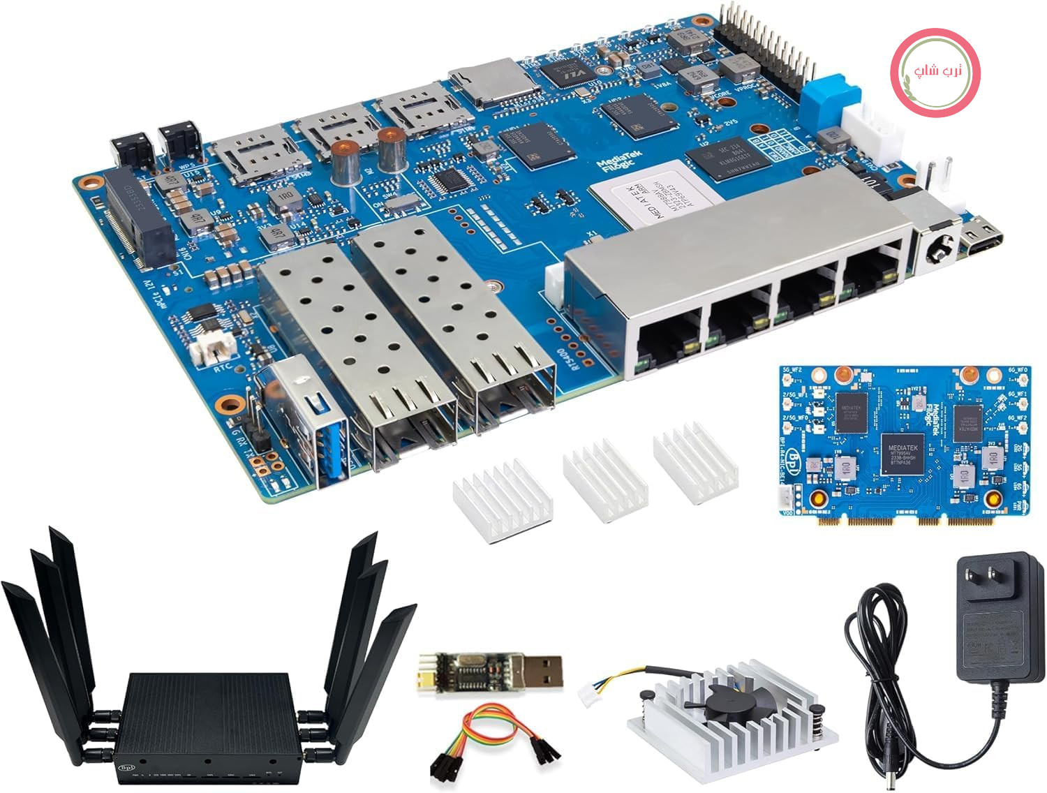 رایتر وای فای BPI-R4 Banana Pi - سیستم عامل OpenWRT - رم DDR4 4 گیگابایت/8 گیگابایت - چیپست MediaTek MT7988A (Filogic 880)، روتر بی‌سیم 4G/5G، 2 عدد SFP 10GbE و 4 عدد GbE برای NAS - گیت‌وی هوشمند خانه (Kit3, DDR4 8GB)