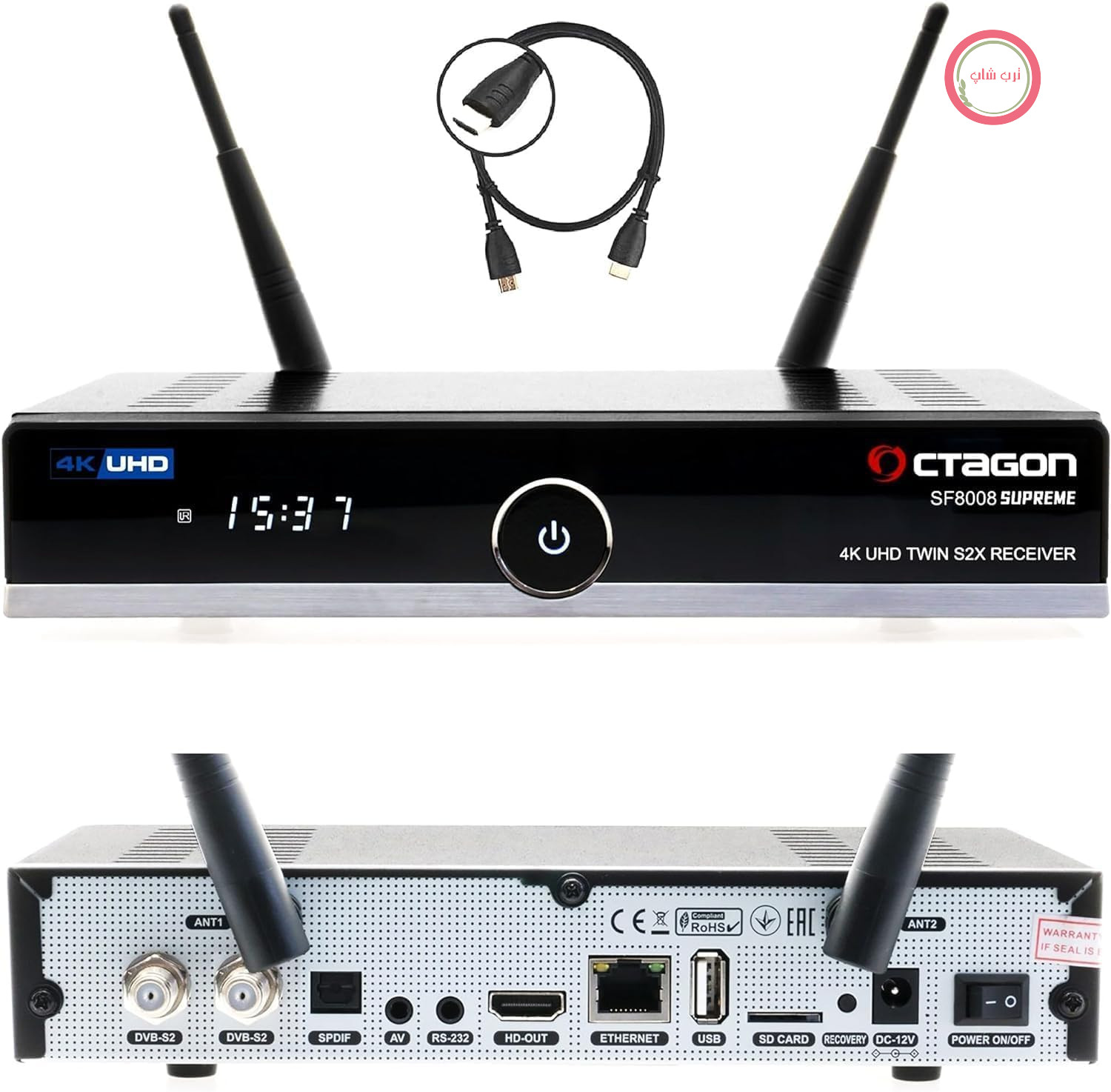 گیرنده ماهواره‌ای دوقلوی Supreme مدل OCTAGON SF8008 UHD 4K، دو تیونر DVB-S2X، سیستم عامل E2 Linux و Define OS، با قابلیت ضبط PVR، کلید M.2 M، شبکه گیگابیت، کارت خوان، Sat to IP، WiFi WLAN + کابل HDMI HM-SAT