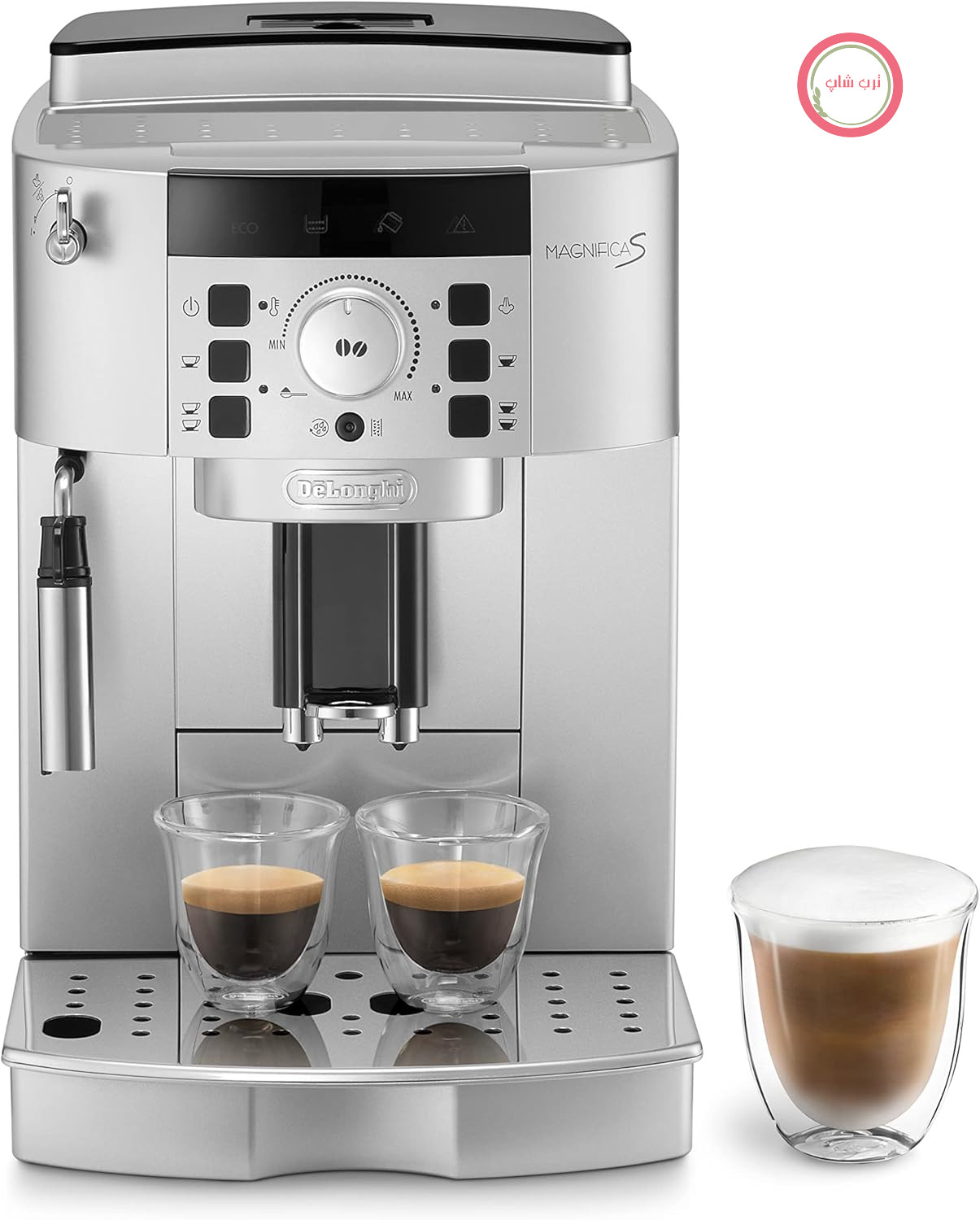 دستگاه قهوه ساز تمام اتوماتیک De'Longhi Magnifica ECAM 22.110.SB با کف ساز شیر، صفحه نمایش دیجیتال با متن ساده، قابلیت تهیه ۲ فنجان، مخزن آب بزرگ ۱.۸ لیتری، ابعاد ۳۵.۴ در ۲۳.۸ در ۴۳ سانتی‌متر، نقره‌ای