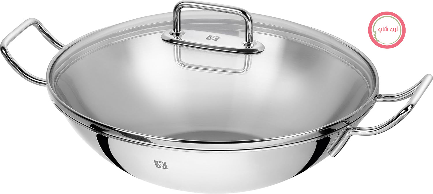 پانداک Wok با ظرف و توری استیل ضد زنگ - 32 سانتی متر - با درب شیشه‌ای و توری استیل ضد زنگ - مناسب برای فر و کوره های برقی - نقره‌ای