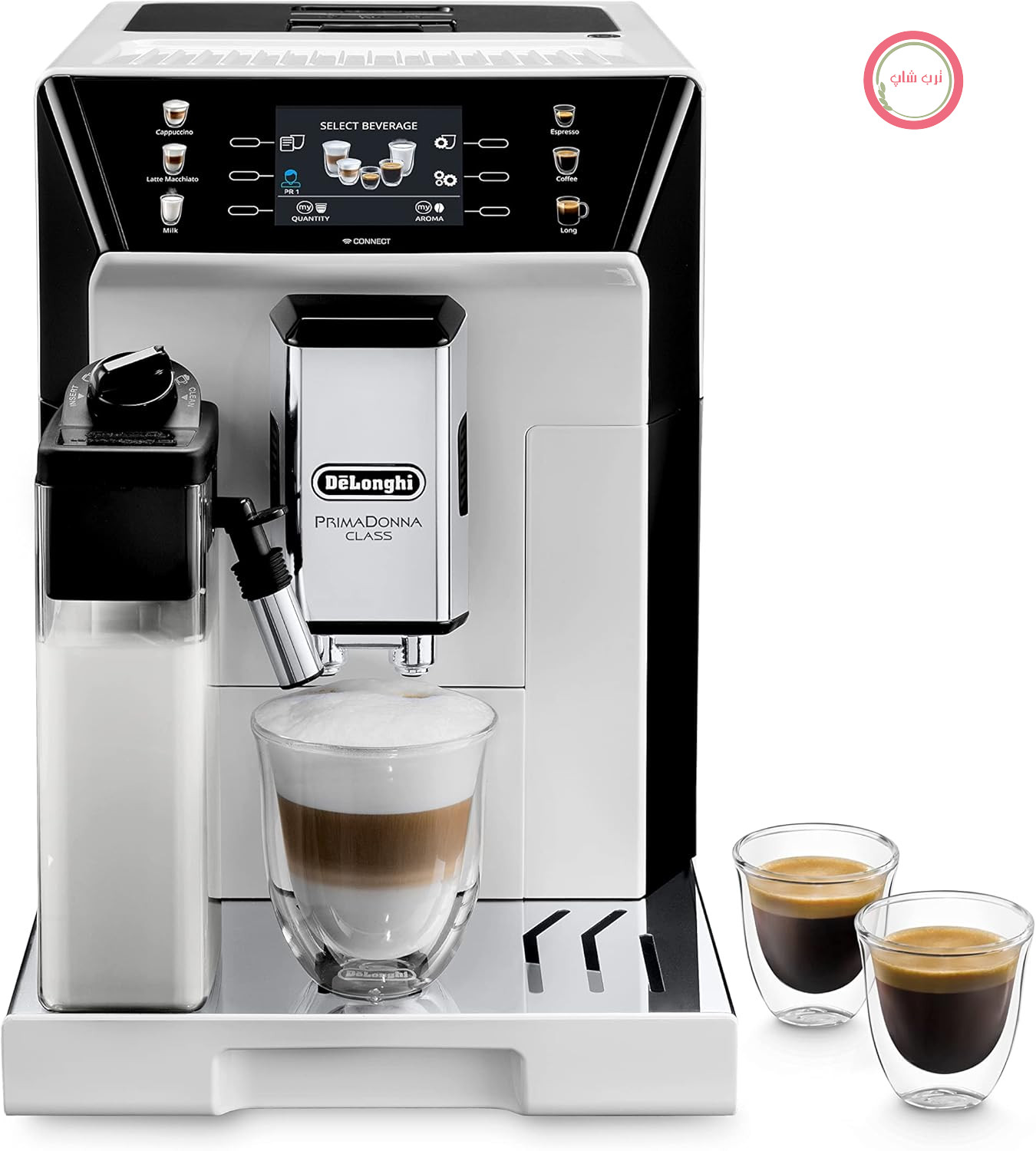 دستگاه قهوه ساز تمام اتوماتیک De'Longhi PrimaDonna Class ECAM 550.65.W با سیستم شیر LatteCrema، کاپوچینو و اسپرسو تنها با لمس یک دکمه، صفحه نمایش رنگی 3.5 اینچی TFT و کنترل برنامه، سفید