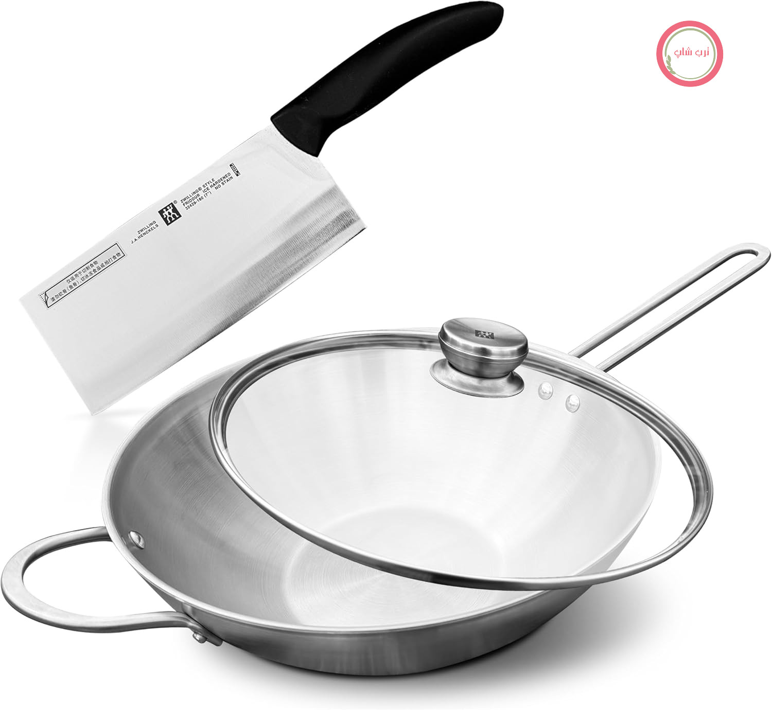 پاندا - قابلمه ووک با Induction 30 سانتی‌متر برند Zwilling TwinNova3 + چاقوهای آشپزی چینی 18 سانتی‌متری، 3 تیکه - بدون روکش، قابل شستشو در ماشین ظرفشویی، دسته ضد لغزش، برای تمام اجاق‌ها - نقره‌ای