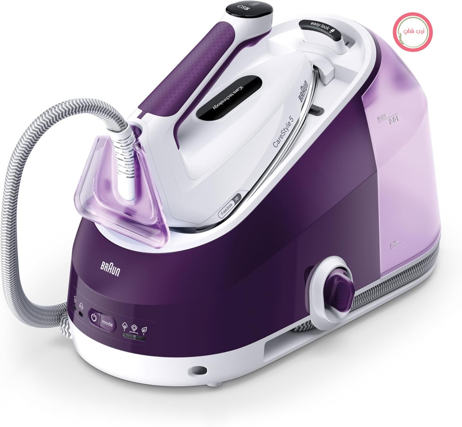 اتو بخار براون CareStyle 5 با فناوری FreeGlide 3D، بخاردهی 145 گرم در دقیقه، گرمایش سریع، حالت iCare، اتوکشی عمودی، مخزن 2 لیتری قابل جدا شدن، 2400 وات، رنگ بنفش IS5247VI