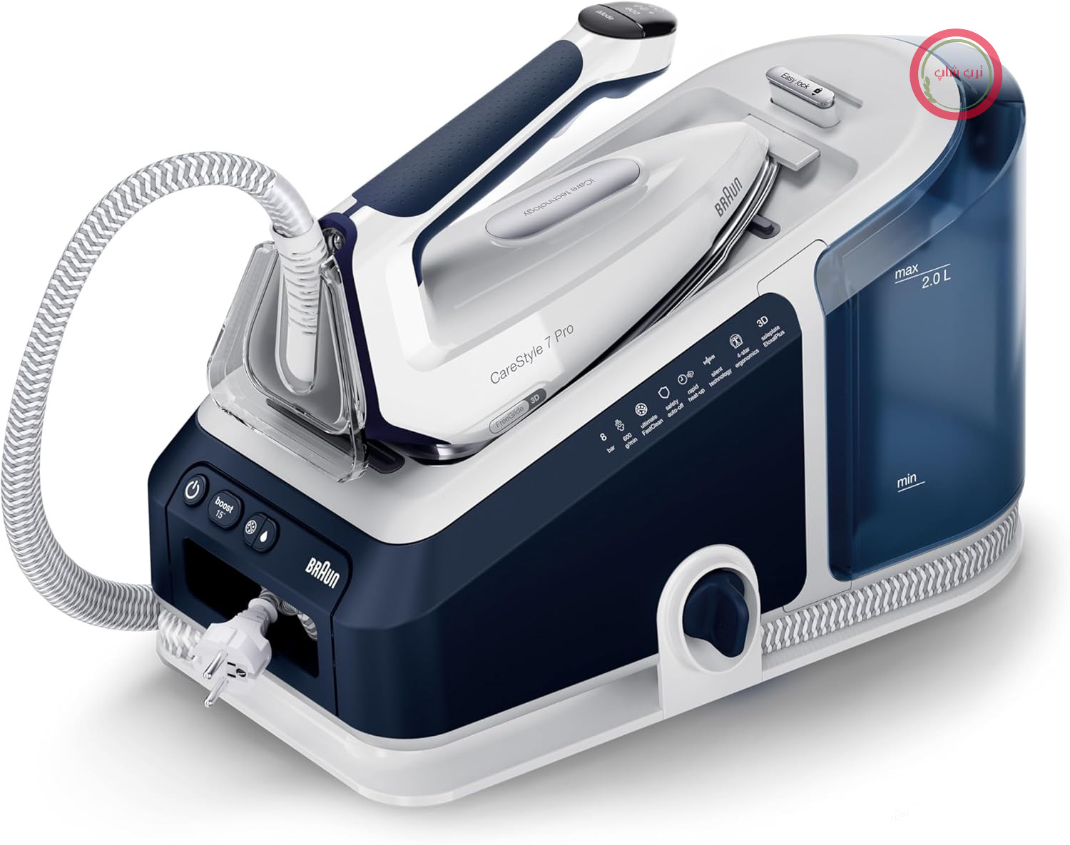 اتو بخار براون CareStyle 7 Pro IS 7282 BL - اتو بخار با کفی FreeGlide 3D، عملکرد iCare، مخزن آب 2 لیتری قابل جدا شدن، افزایش بخار 600 گرم در دقیقه، 2700 وات، آبی/سفید