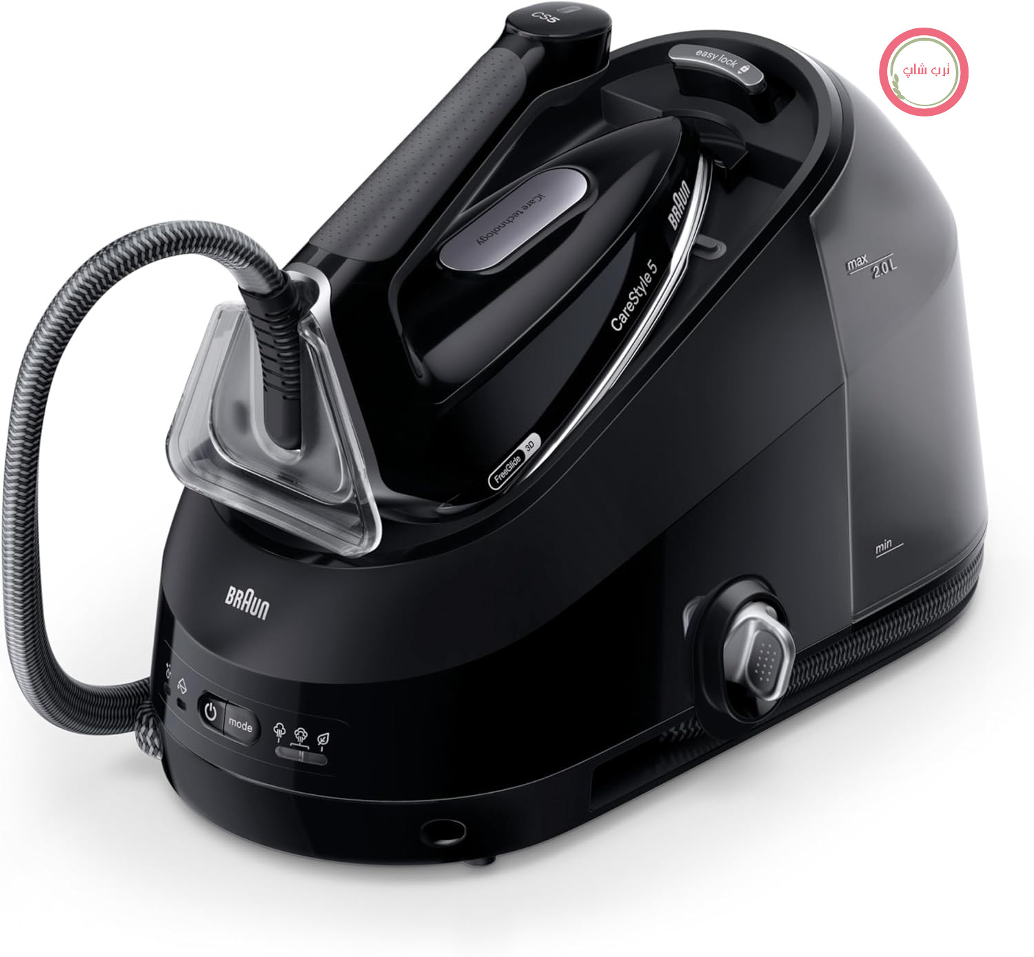 اتو بخار براون CareStyle 5 IS5249BK با قابلیت FreeGlide 3D، عملکرد بخاردهی ۱۵۰ گرم در دقیقه، گرمایش سریع، حالت iCare، اتوکشی عمودی، عملکرد ضد چکه، مخزن آب جداشدنی ۲ لیتری، ۲۴۰۰ وات، مشکی