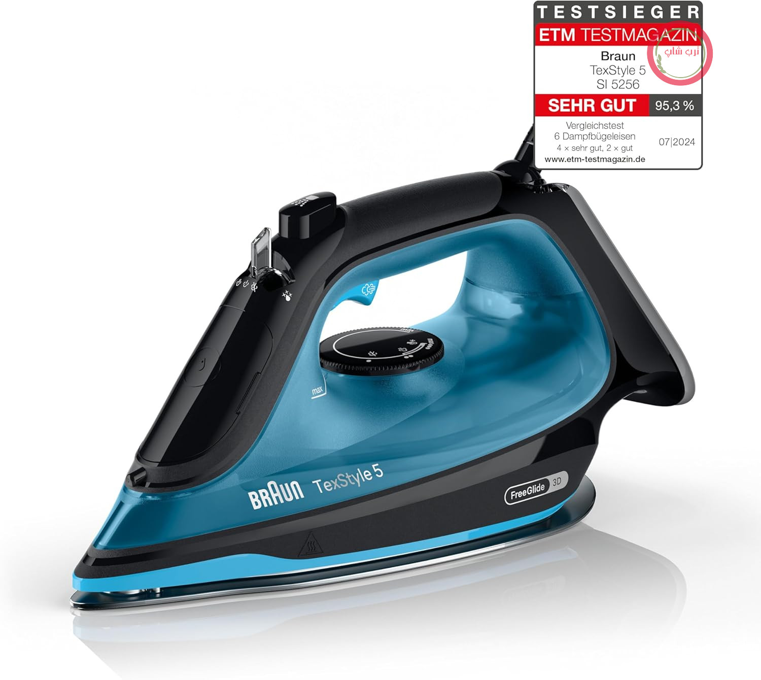 اتو بخار براون مدل خانگی TexStyle 5 SI5256 BL با کفی FreeGlide 3D، نوک دقیق، بخار عمودی، سیستم ضد چکه، بخاردهی تقویت‌شده ۲۱۰ گرم در دقیقه، مخزن آب ۳۰۰ میلی‌لیتری، ۲۶۰۰ وات، مشکی/آبی