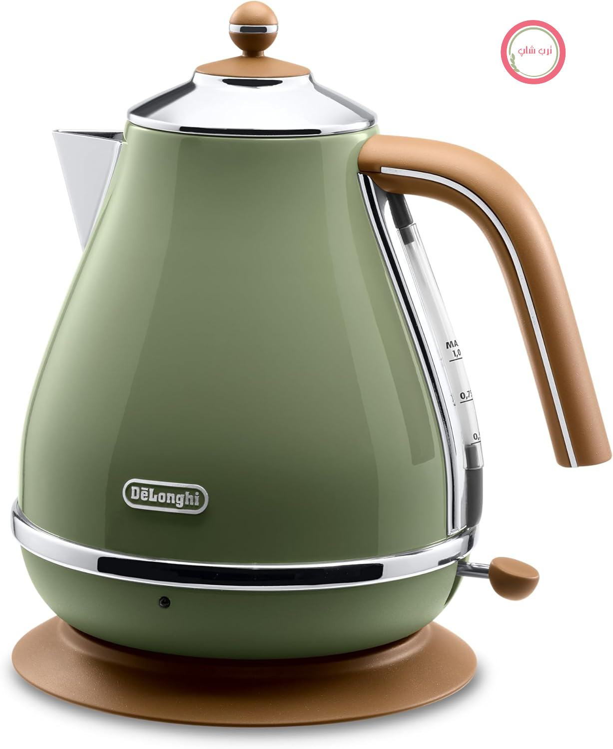 کتری قدیمی De'Longhi Icona KBOV2001.GR - 1.7 لیتر با نشانگر سطح آب و پایه 360 درجه، استیل ضد زنگ با ظاهری زیبا و رترو با جزئیات کرومی، 2000 وات، 23.01 x 23.01 x 26.49 سانتی متر، رنگ زیتونی