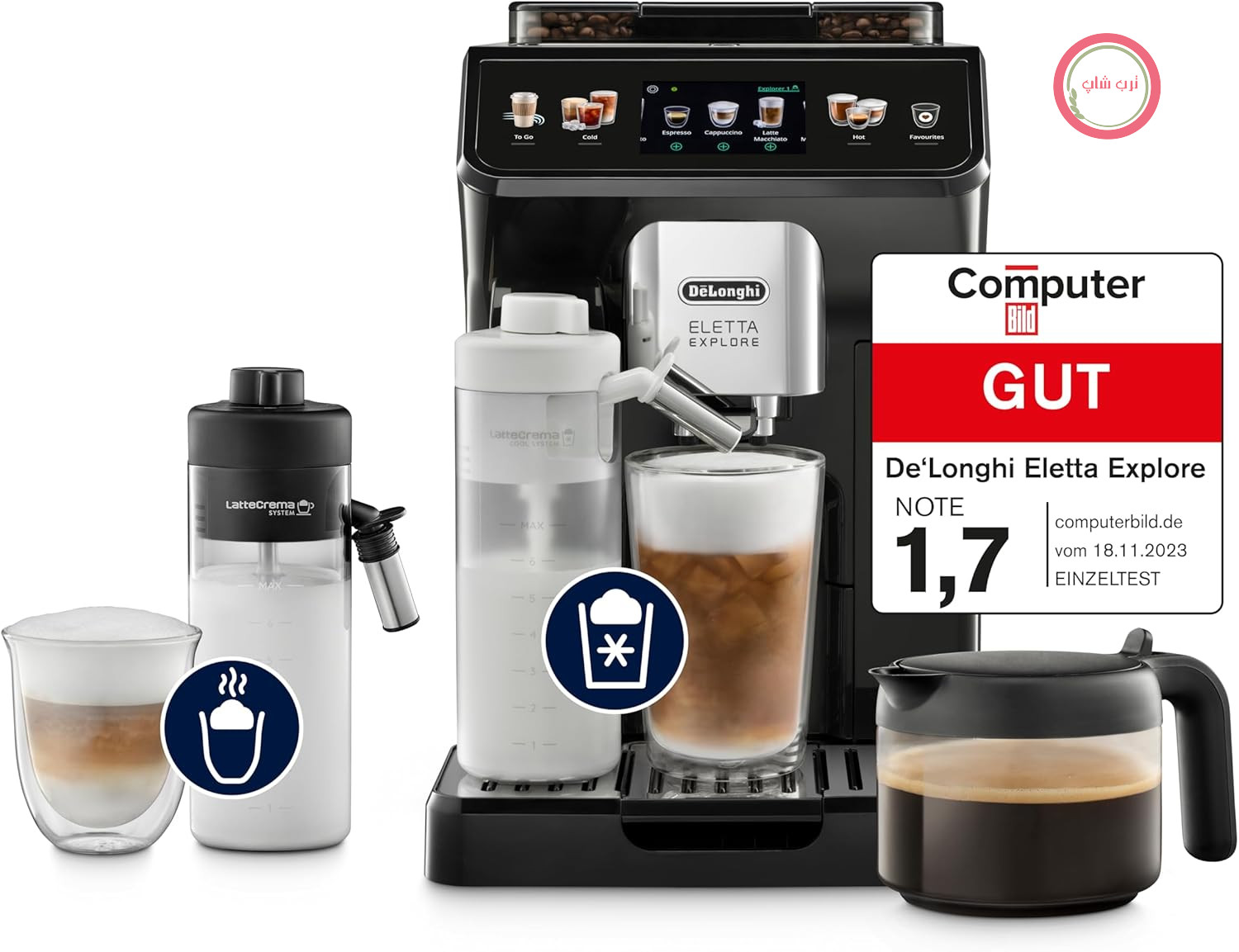 De’Longhi Eletta Explore - دستگاه قهوه ساز تمام اتوماتیک Perfetto با کف ساز شیر LatteCrema، 40 نوشیدنی با لمس یک دکمه، صفحه نمایش لمسی رنگی، خاکستری تیره (ECAM452.57.G)