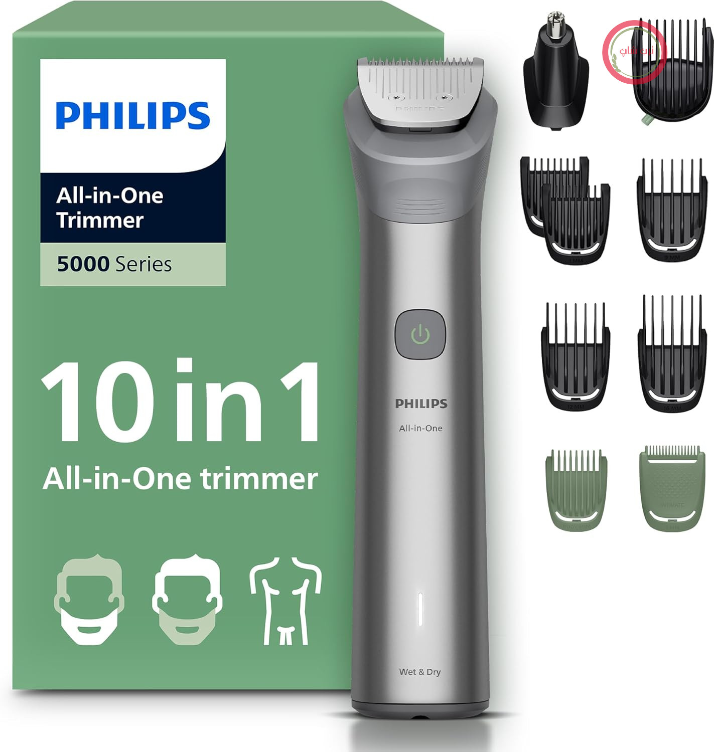 ماشین اصلاح ریش و موی فیلیپس سری 5000 مدل Multigroom، 10 تکه، مناسب برای صورت، سر و بدن، تیغه‌های فلزی خود تیز شونده، یازده حالت تنظیم طول (0.5-16 میلی‌متر)، مدل MG5918/15