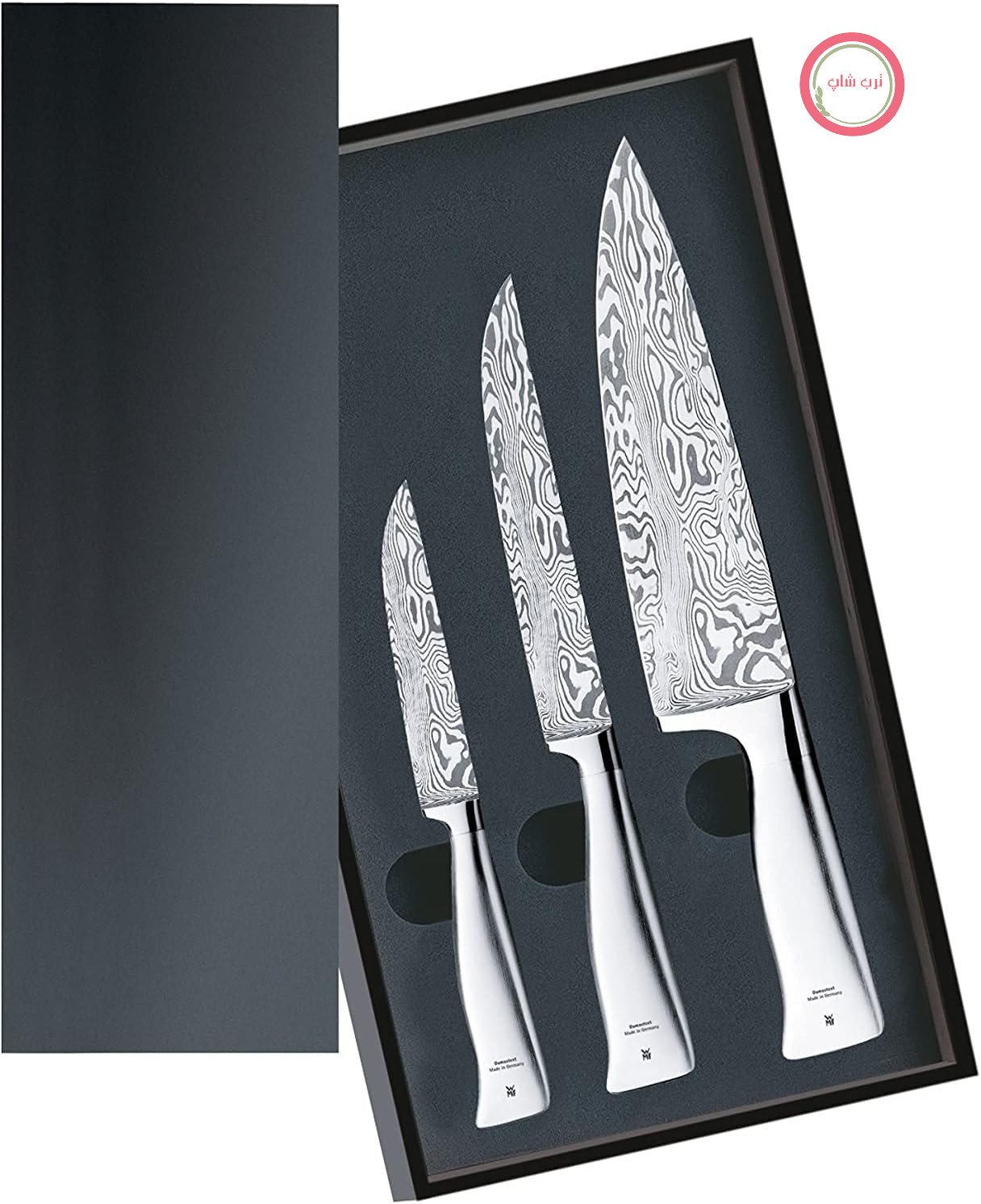 مجموعه چاقوی دمشقی WMF Grand Gourmet شامل 3 تکه، دسته استیل ضد زنگ 120 لایه دمشقی، برش عالی در جعبه چوبی، ساخت آلمان