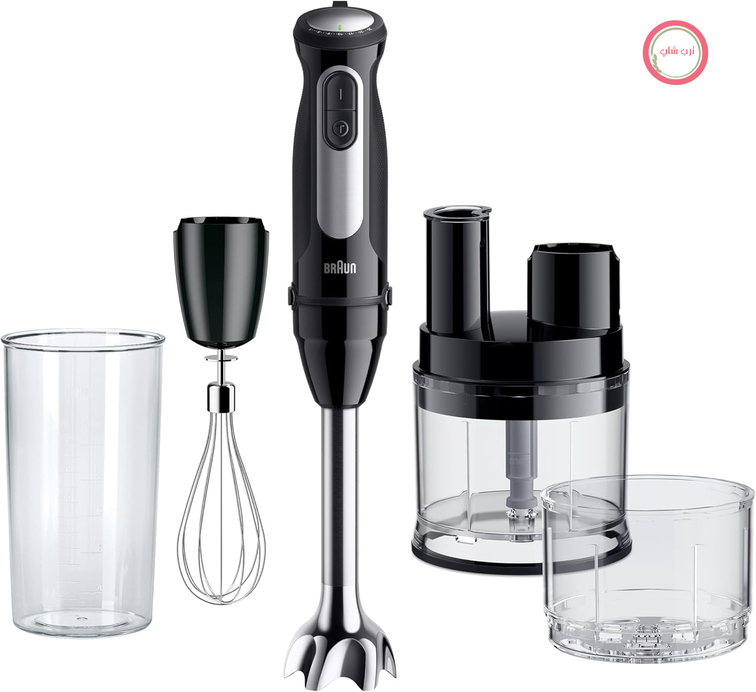 مخلوط کن دستی Braun MultiQuick 5 Pro MQ55755M با 25 سطح سرعت، سیستم کلیک آسان پلاس، 1000 وات، مشکی با غذاساز کوچک، خردکن، همزن، مخلوط کن و پیمانه (600 میلی لیتر)