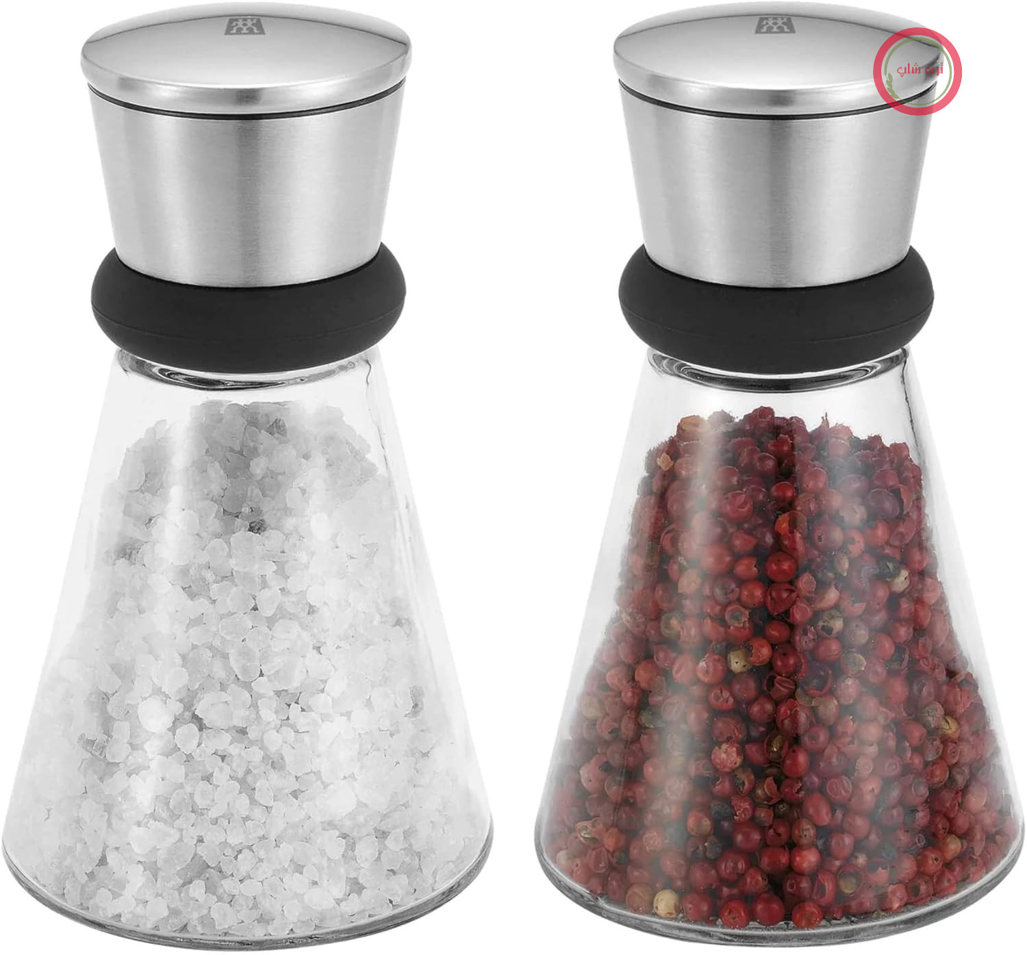 دو عدد آسیاب نمک و فلفل - برند Zwilling - با درب - آسیاب ادویه استیل براق - آسیاب نمک شیشه‌ای - دارای محفظه سرامیکی
