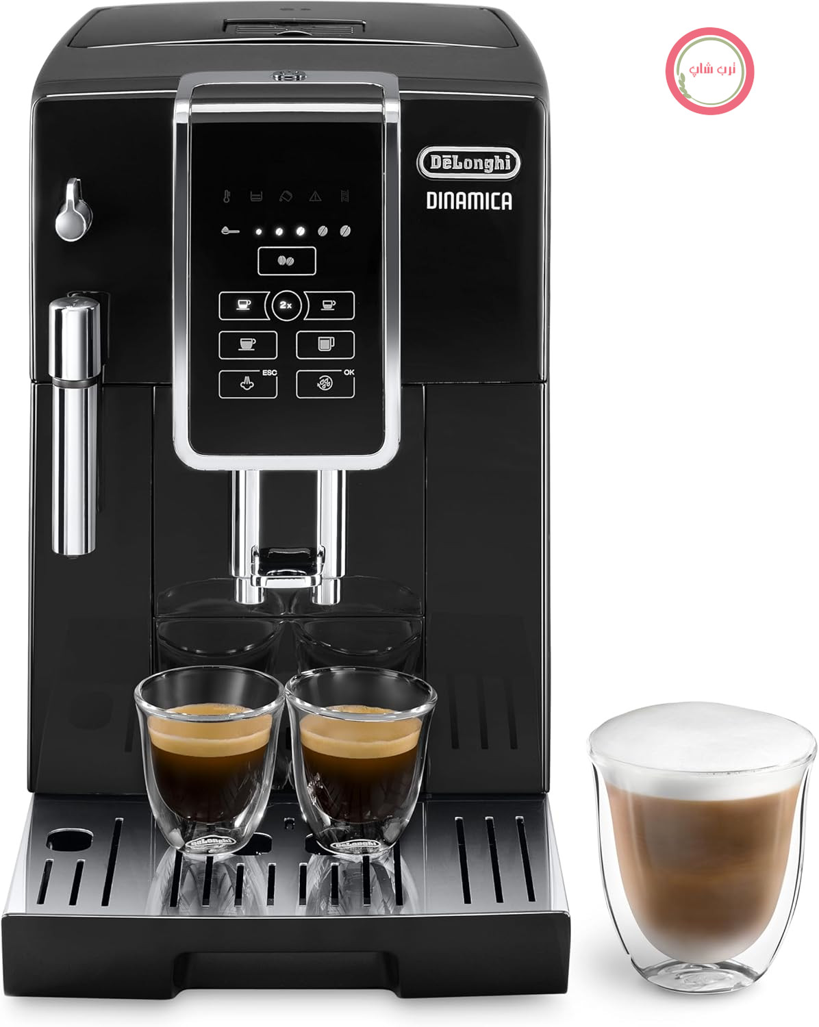 دستگاه قهوه ساز تمام اتوماتیک De'Longhi Dinamica ECAM 350.15.B با کف ساز شیر برای کاپوچینو، با دکمه‌های انتخاب مستقیم اسپرسو و قهوه و صفحه نمایش دیجیتال با متن ساده، عملکرد ۲ فنجان، مشکی