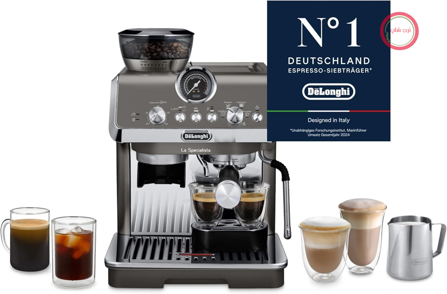 دستگاه اسپرسوساز پورتافیلتر De'Longhi La Specialista Arte Evo Cold Brew EC9255T با آسیاب شامل کیت باریستا، عملکرد دم کردن قهوه سرد، 8 حالت آسیاب، 15 بار، 3 دما، کف ساز شیر، تیتانیوم