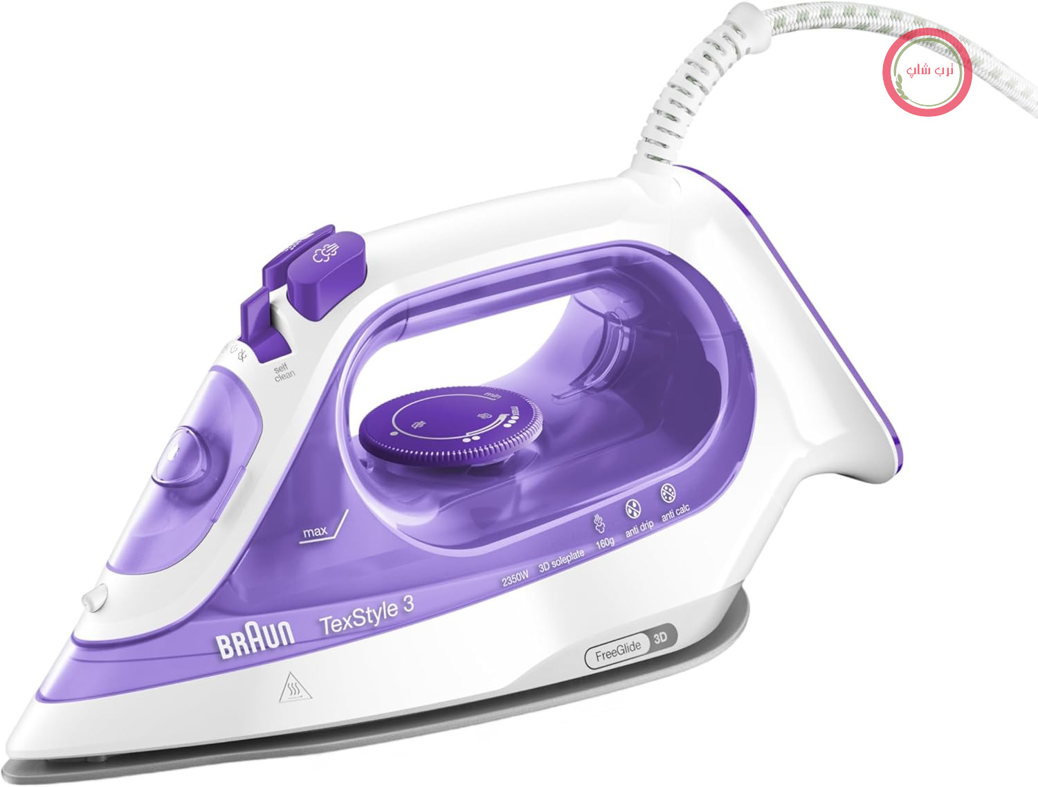 اتو موی براون مدل TexStyle 3 SI3042VI، کفی سوپرسرامیک FreeGlide 3D، نوک دقیق، دسته ارگونومیک، بخاردهی ۱۶۰ گرم در دقیقه، مخزن آب ۲۷۰ میلی‌لیتر، ۲۳۵۰ وات، بنفش