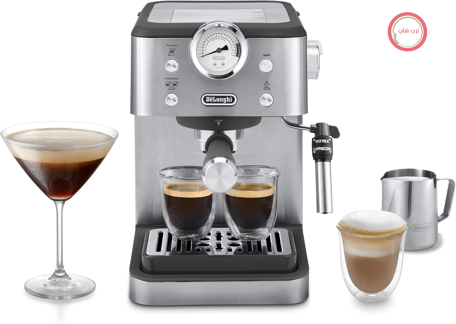 دستگاه اسپرسوساز پورتافیلتر De'Longhi Classic EM450.M با کف‌ساز شیر حرفه‌ای، محفظه تمام فلزی، فشار ۱۵ بار، مخزن آب ۱.۷ لیتری، استیل/فلز ضد زنگ