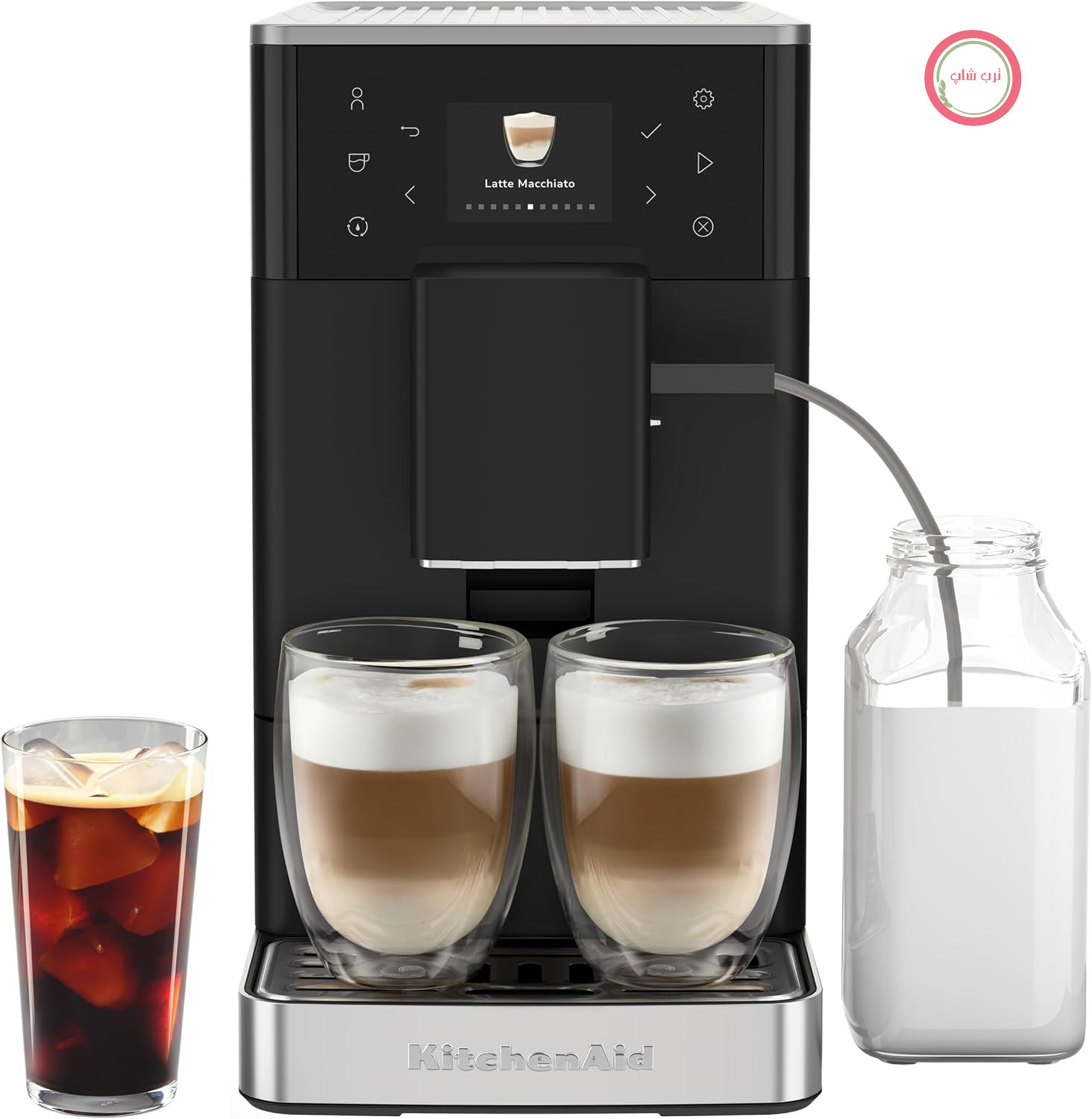 ماشین کاملی کافه KitchenAid KF3، سیستم اتوماتیک شیر، مخلوط کننده IntelliGrind، 15+ نسخه، Iced Coffee، 6 سانتی متر صفحه نمایش رنگ، 15-18 بار، مات سیاه