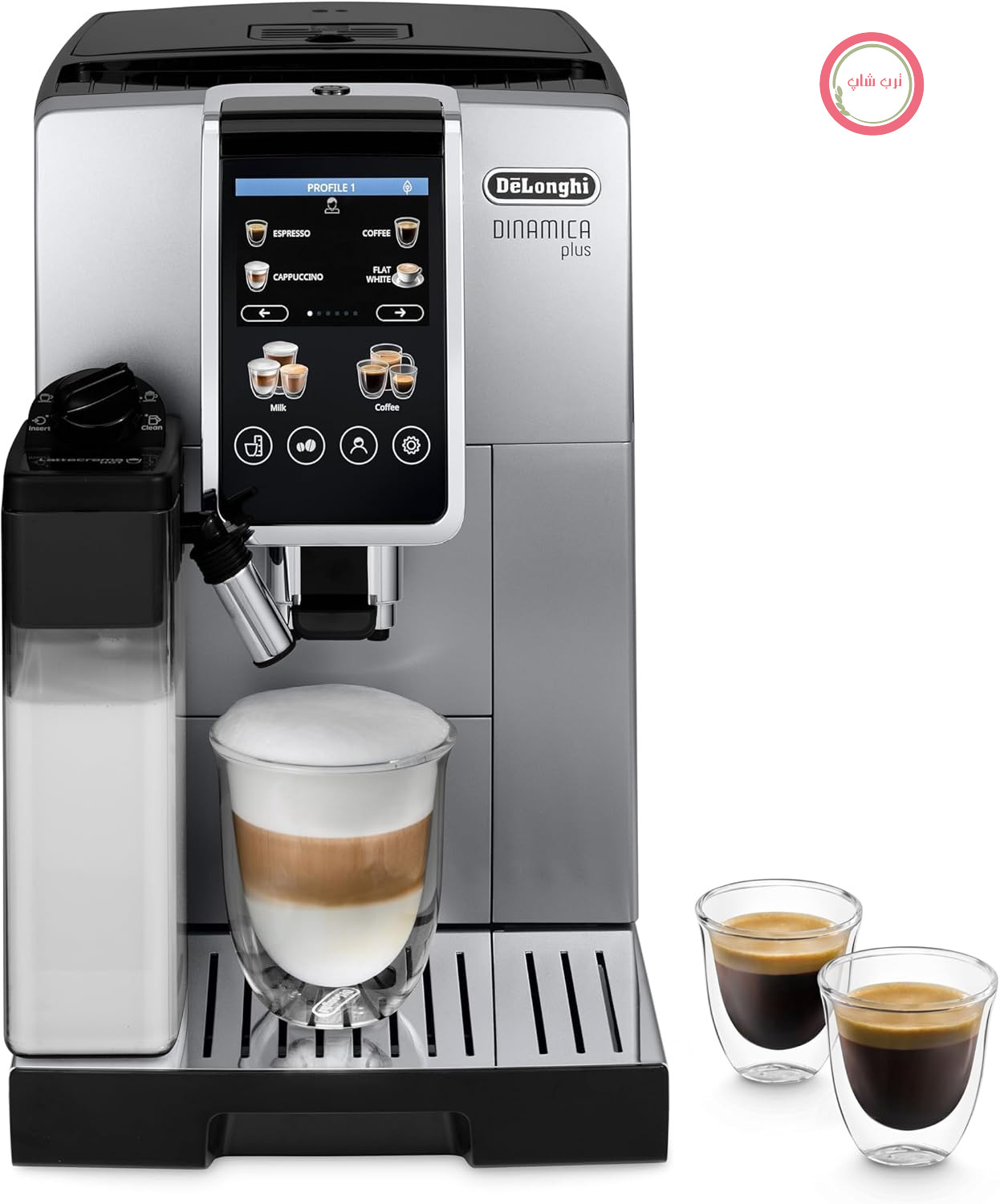 دستگاه قهوه ساز اتوماتیک De'Longhi Dinamica Plus ECAM380.85.SB، قهوه ساز تمام اتوماتیک با لاته کرما داغ، قهوه ساز دانه به فنجان با 24 دستور غذا، صفحه نمایش 3.5 اینچی TFT، نقره ای/مشکی