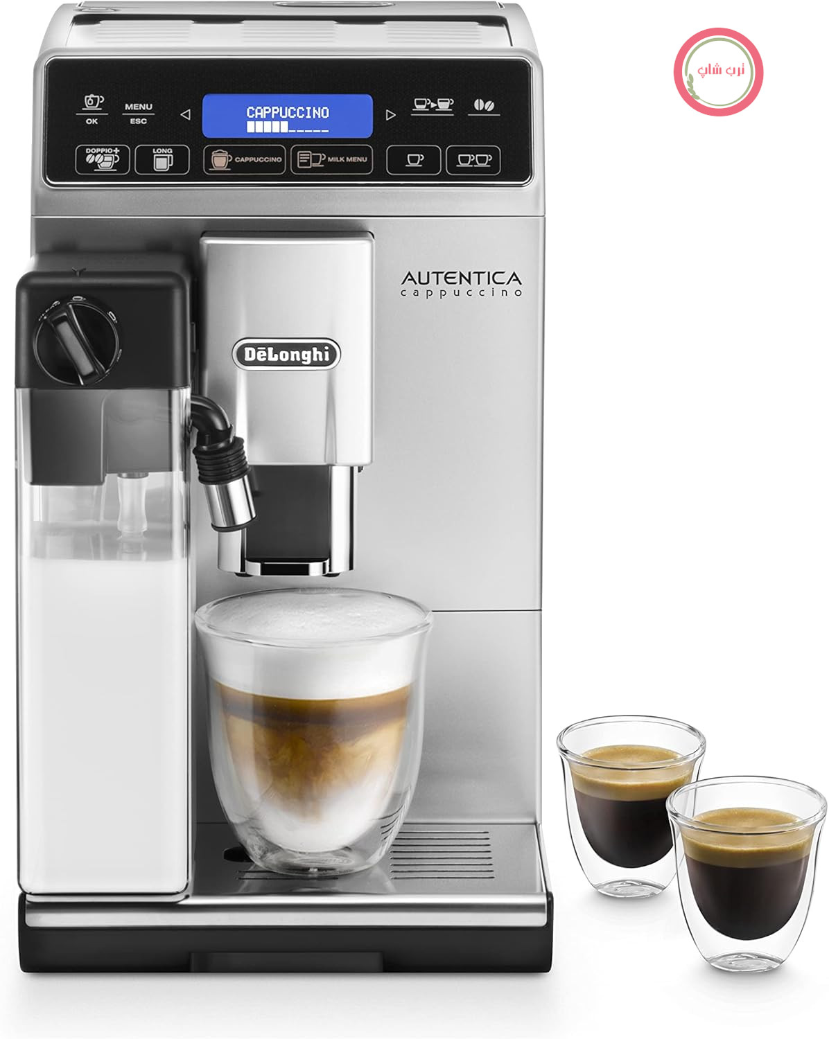 دستگاه قهوه ساز تمام اتوماتیک De'Longhi Autentica Cappuccino ETAM 29.660.SB با سیستم شیر LatteCrema، کاپوچینو و اسپرسو تنها با لمس یک دکمه، صفحه نمایش دیجیتال با متن ساده، عملکرد ۲ فنجان، نقره‌ای